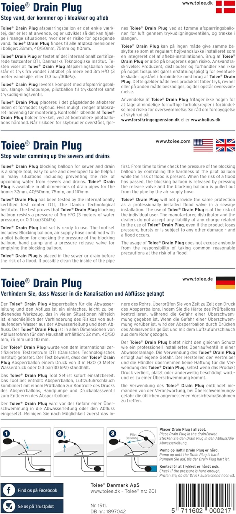 Drain Plug (40/50 Mm). Inflatable Pipe Plug, Pipe Closure. the Toiee Drain Plug with Pump, 85 Cm Hose and Balloon. Stop the Rising of Water into the Sewer Pipe or Drain image number 1
