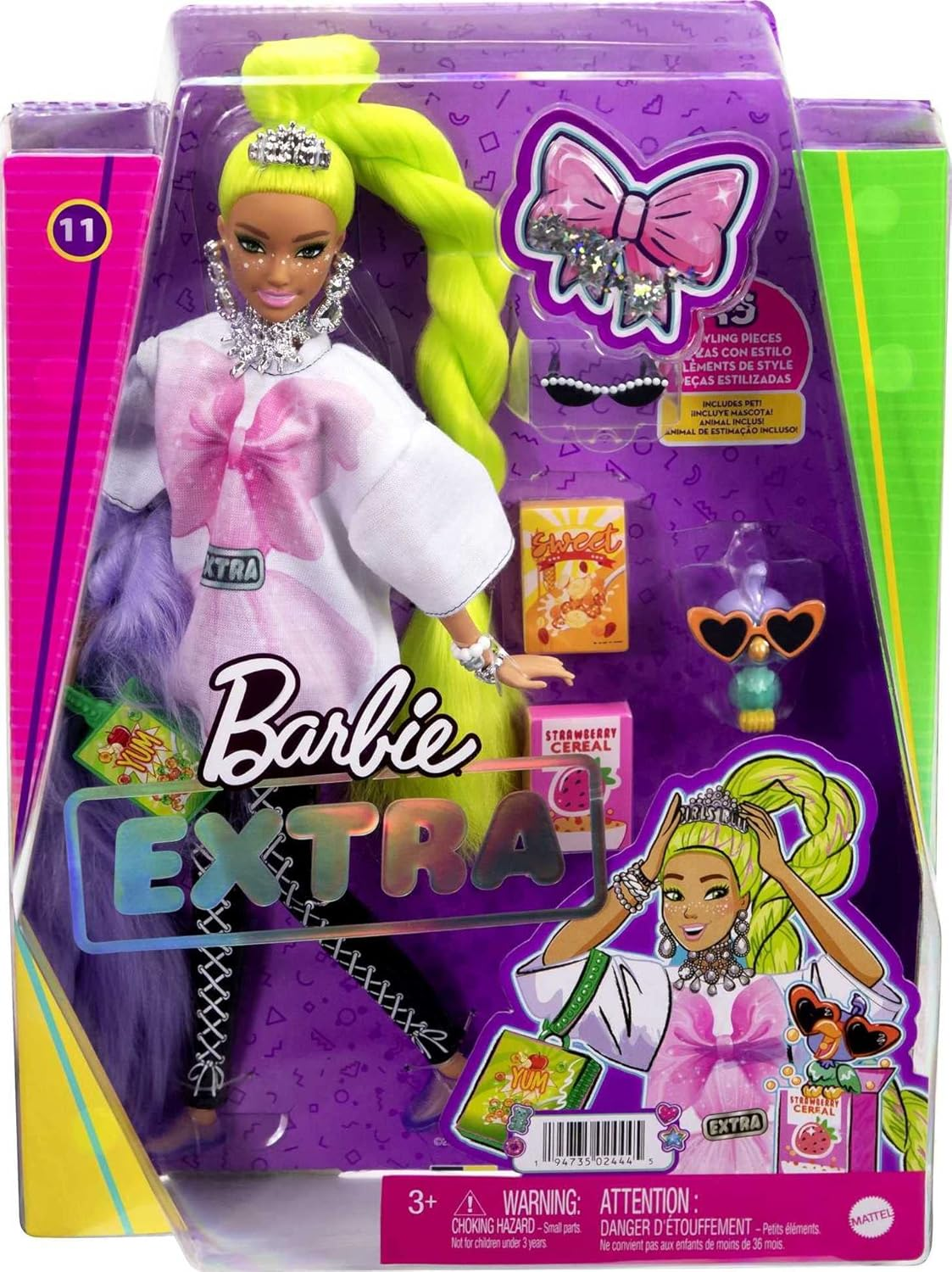 Barbie Extra Doll and Barbie Accessories with Neon Green Hair, Feather Boa and Pet Parrot image number 6