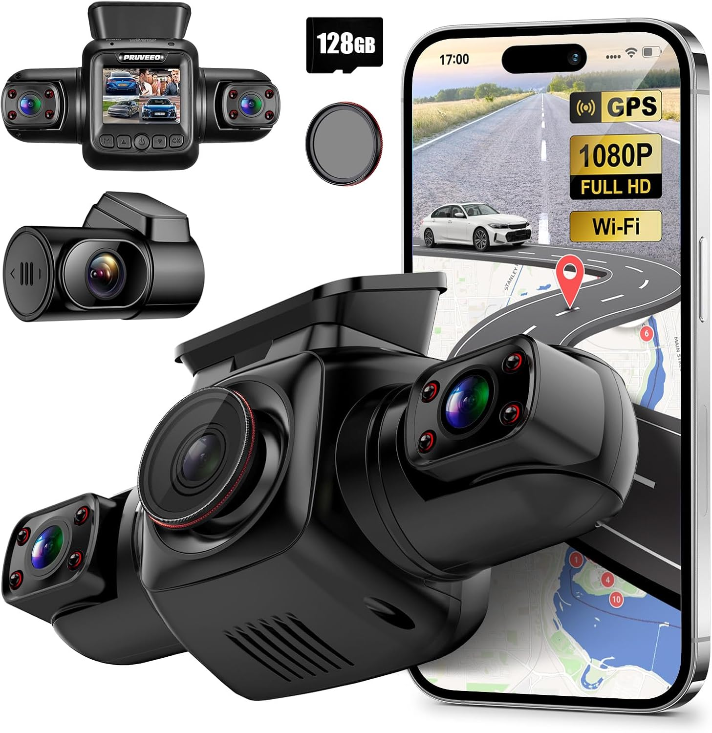 PRUVEEO Dash Cam for Car, 4 Channel Camera FHD 1080Px4, Front Left Right and Rear, Front and Rear Inside, Built-In GPS Wifi, Polarizing Lens CPL Filter, Free 128GB Card, Double CPL image number 2
