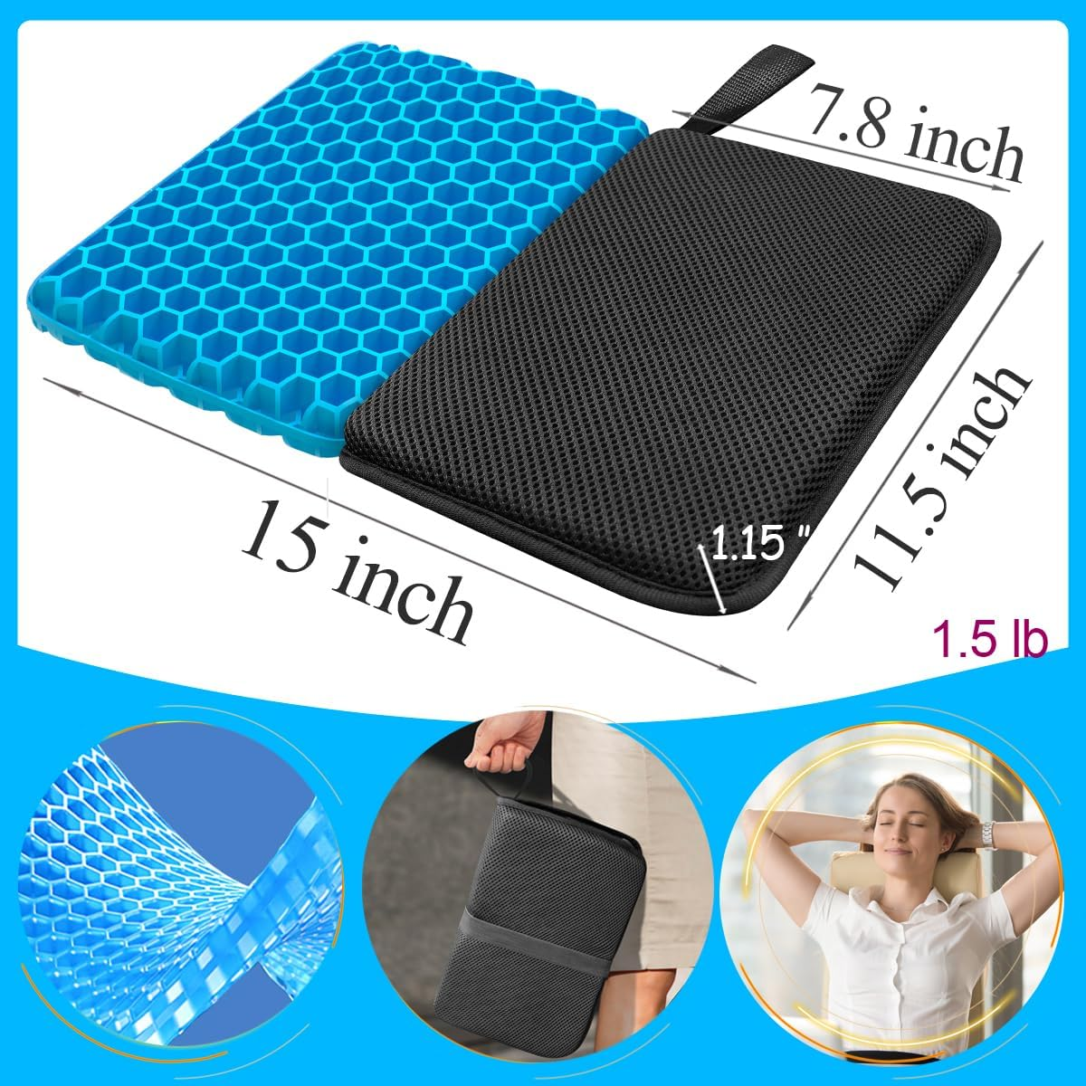 Small Foldable Seat Cushion 1.15-Inch Thick, Portable Gel Seat Cushion for Pressure Relief, Light Portable Seat Cushion for Travel Seat Cushion, Foldable for Easier Storage (Black)