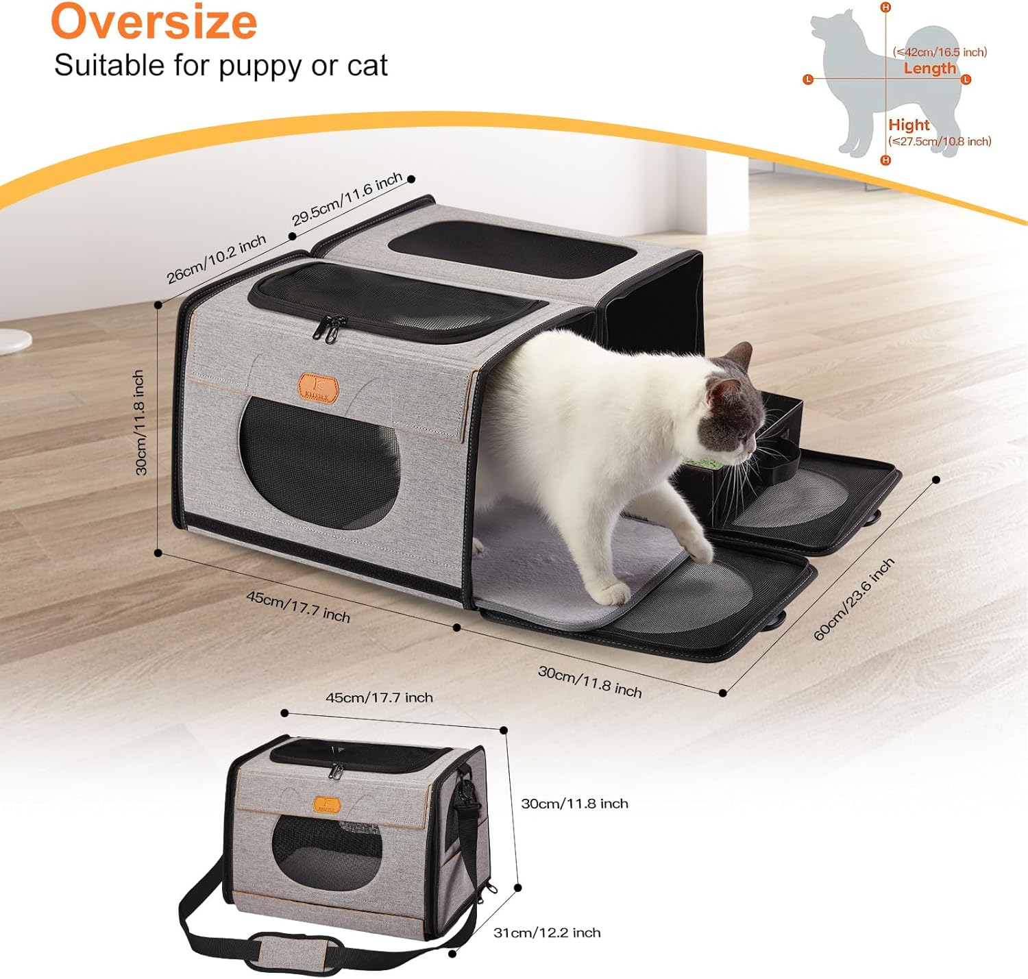 IC ICREATE.X Large Cat Carrier with Litter Box for Car Travel, Pet Carrier Bag 2-In-1，Double Cat Travel Transport Carrier for Long Distance, Collapsible Dog Crate, Cat Bag for Kitten 2 Cats image number 3