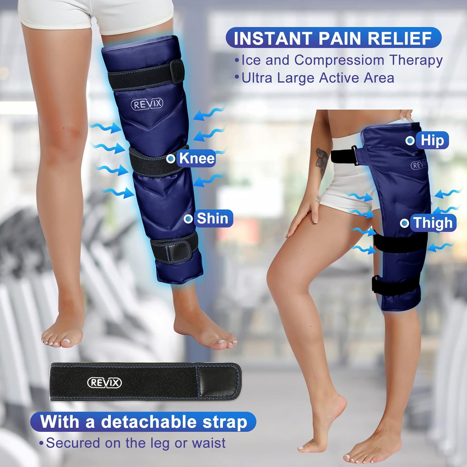 REVIX Large Leg Ice Pack for Injuries Reusable, Gel Ice Wrap for Leg, Hip, Thigh, Knee and Shin Splint, Cold Compress Therapy for Pain Relief, Injury Recovery, Swelling, Bruises with 3 Straps image number 2