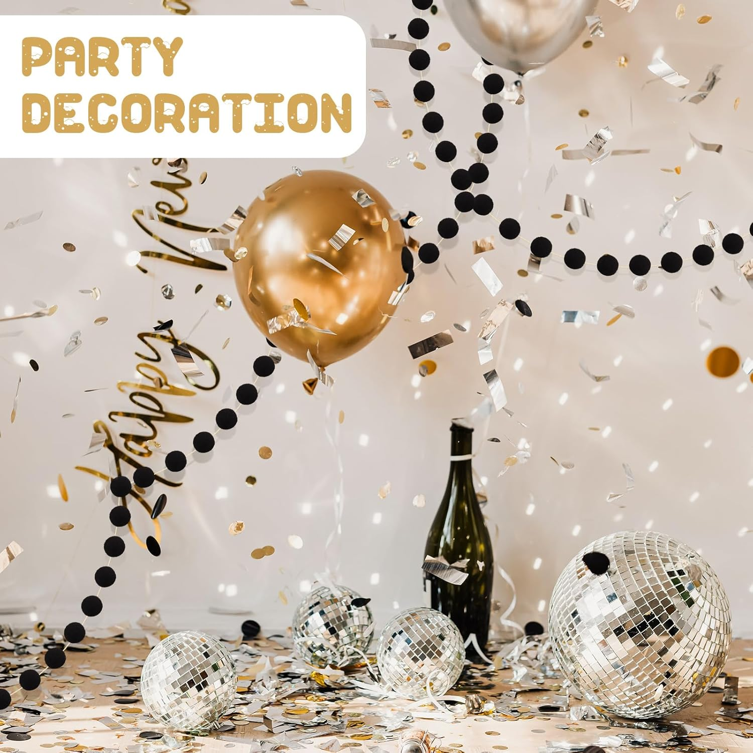 Tegeme 4 Pieces Felt Pom Poms Garland Ball 6.6Ft Hanging Banner Ball Garland for Wall Decoration Festivals Room Home Wedding Birthday Party(Black) - White image number 5