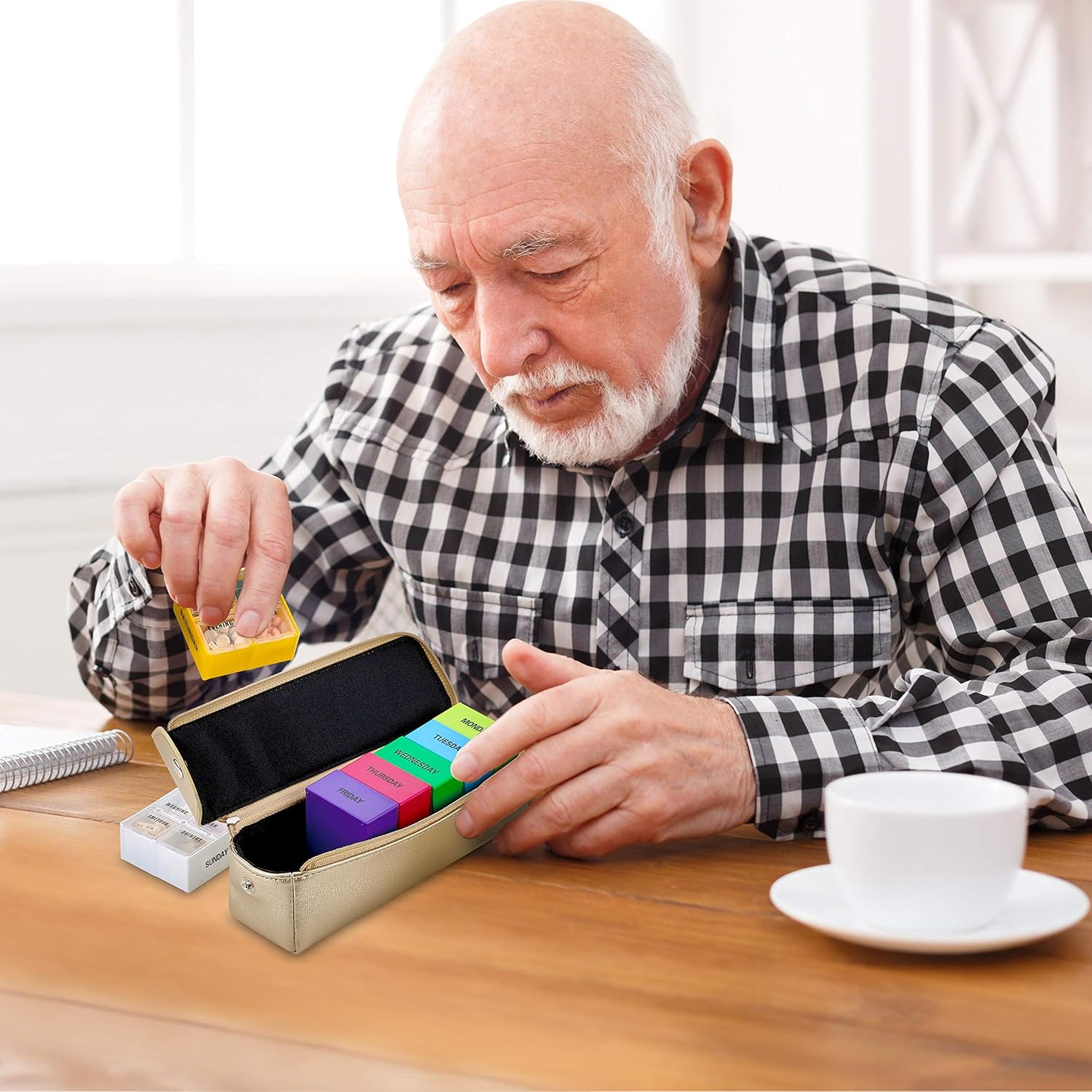 Large Weekly Pill Organizer Box in Gold Leather Case - 7 Day Week Pill Planner Organizers & Medication Reminder with 4 Times a Day - Daily Compartments That Is Ideal for Travel by Medca &hellip; image number 1