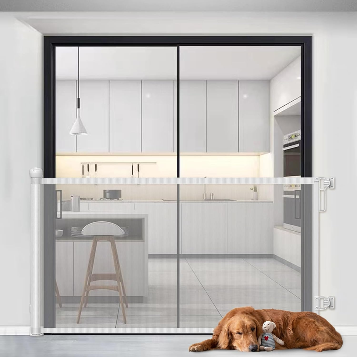 Retractable Baby Gate Durable Portable Mesh Gate Easy Installation 86CM Tall Stretches 180CM Wide for Large Stairs Retractable Dog Gates for Doorways Stairs Indoor Outdoor(White,86Cmx180Cm) image number 2