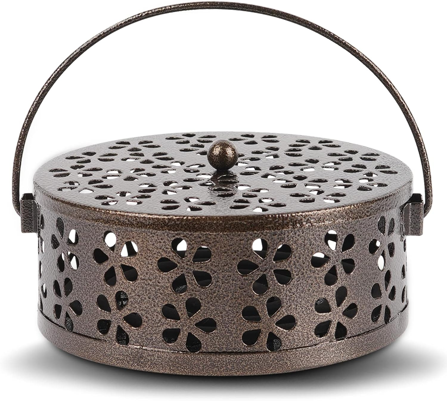 Retyion Retro Portable Iron Mosquito Coil Holder with Handle round Fireproof Incense Holder for Home Office Camping (Bronze) image number 3