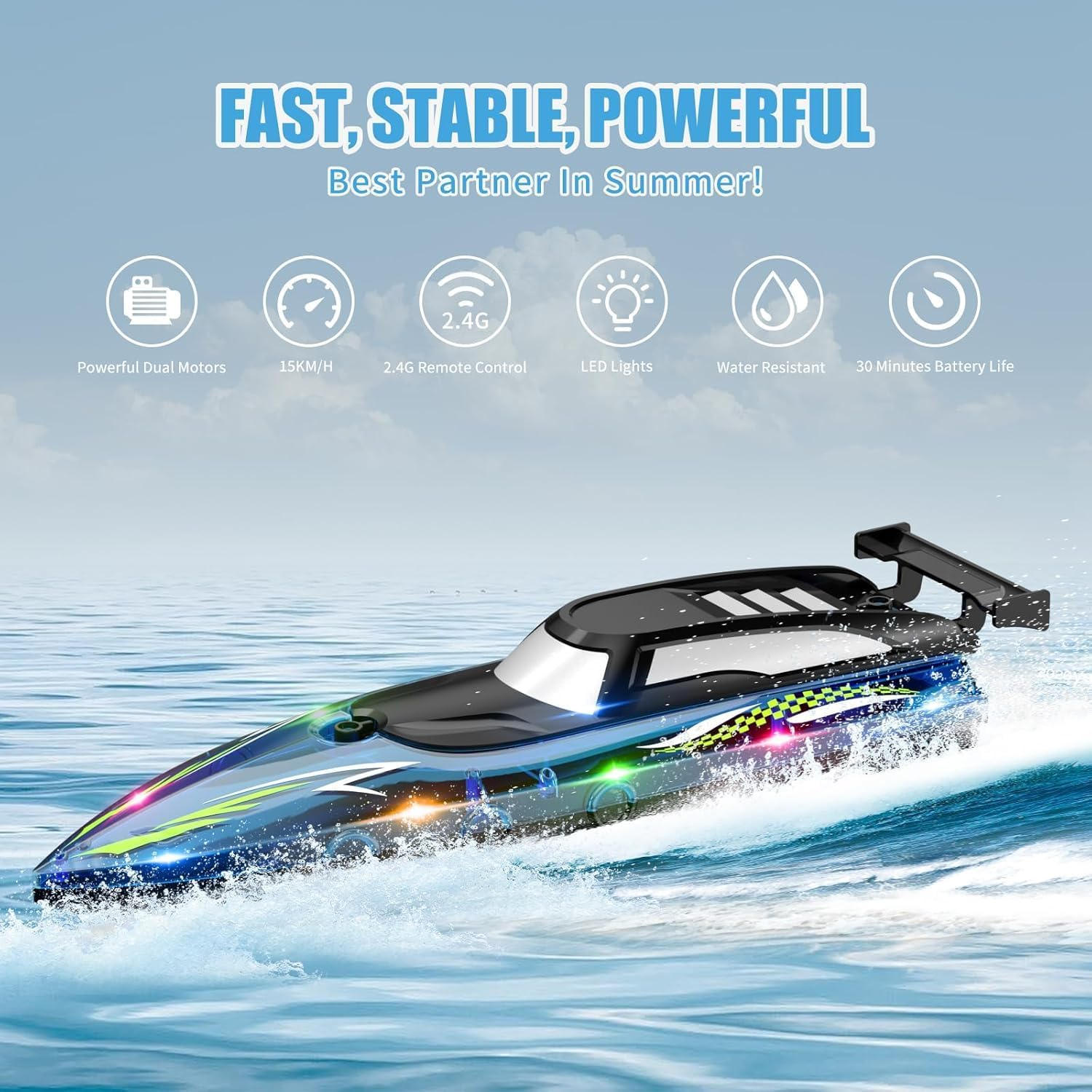 B-Qtech Remote Control Speedboat RC Boat, High Speed ​​RC Waterproof Boat with LED Light, 2.4Ghz Racing Boats for Pools and Lakes with 2 Battery Games, Rowing Toy for Kids&Adults image number 3
