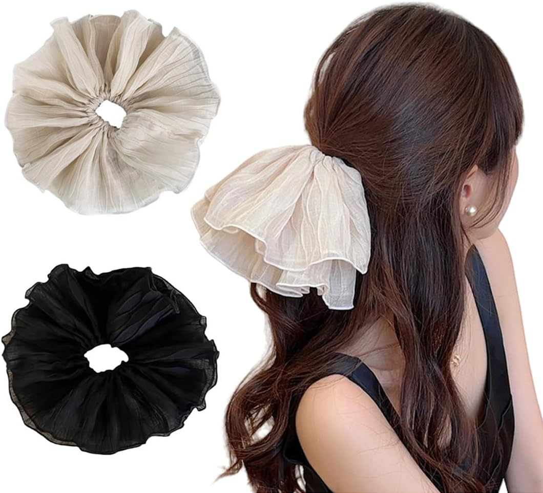 2 Pcs Large Jumbo Hair Scrunchies Oversized Scrunchies Hair Ties Hair Elastics Bands Ponytail Holders for Women Girls(Black and Beige) image number 3