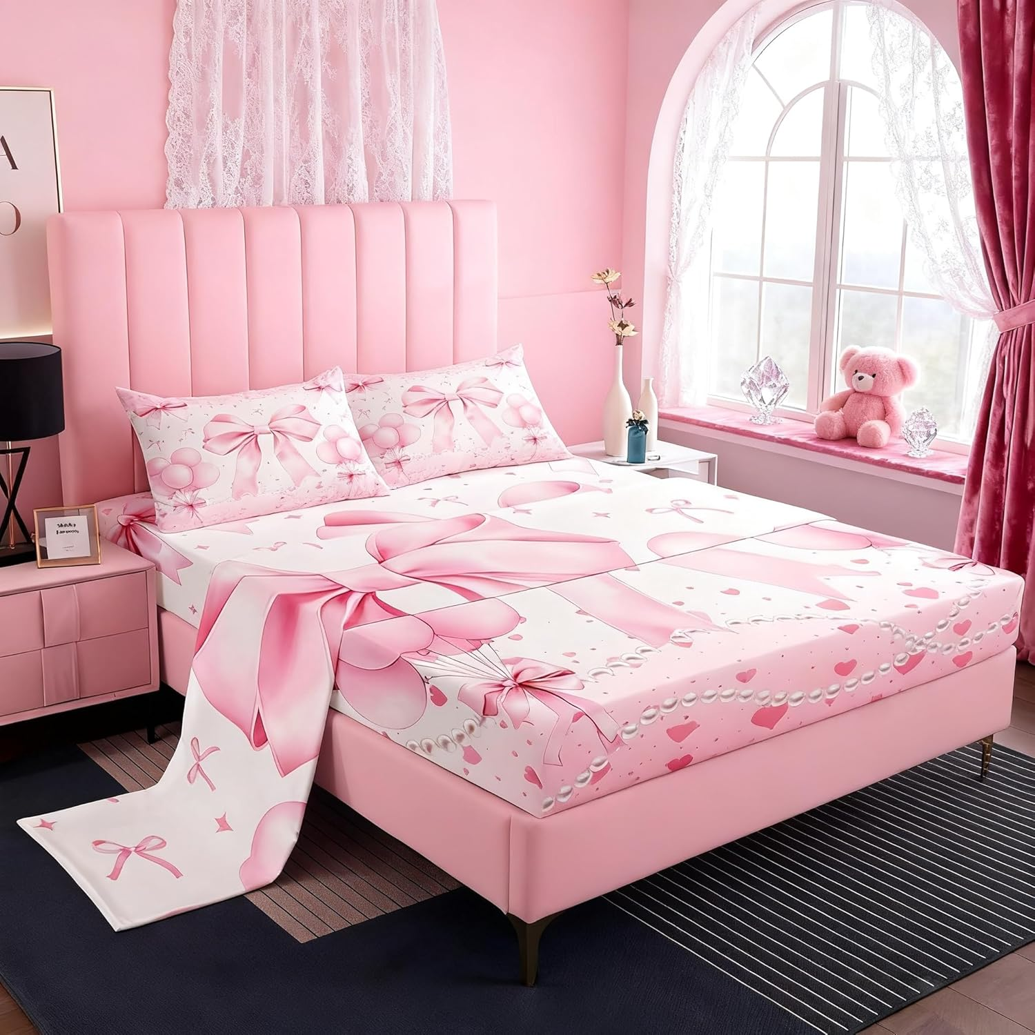 Bow Tie Kids Sheet Queen Size,Fairy Sweet Romantic Easy Wash Bedding Set,Kawaii Bow Tie Girly Kids Room Decor,White & Pink Sheet(Fitted+Flat+2 Pillowcases) image number 5