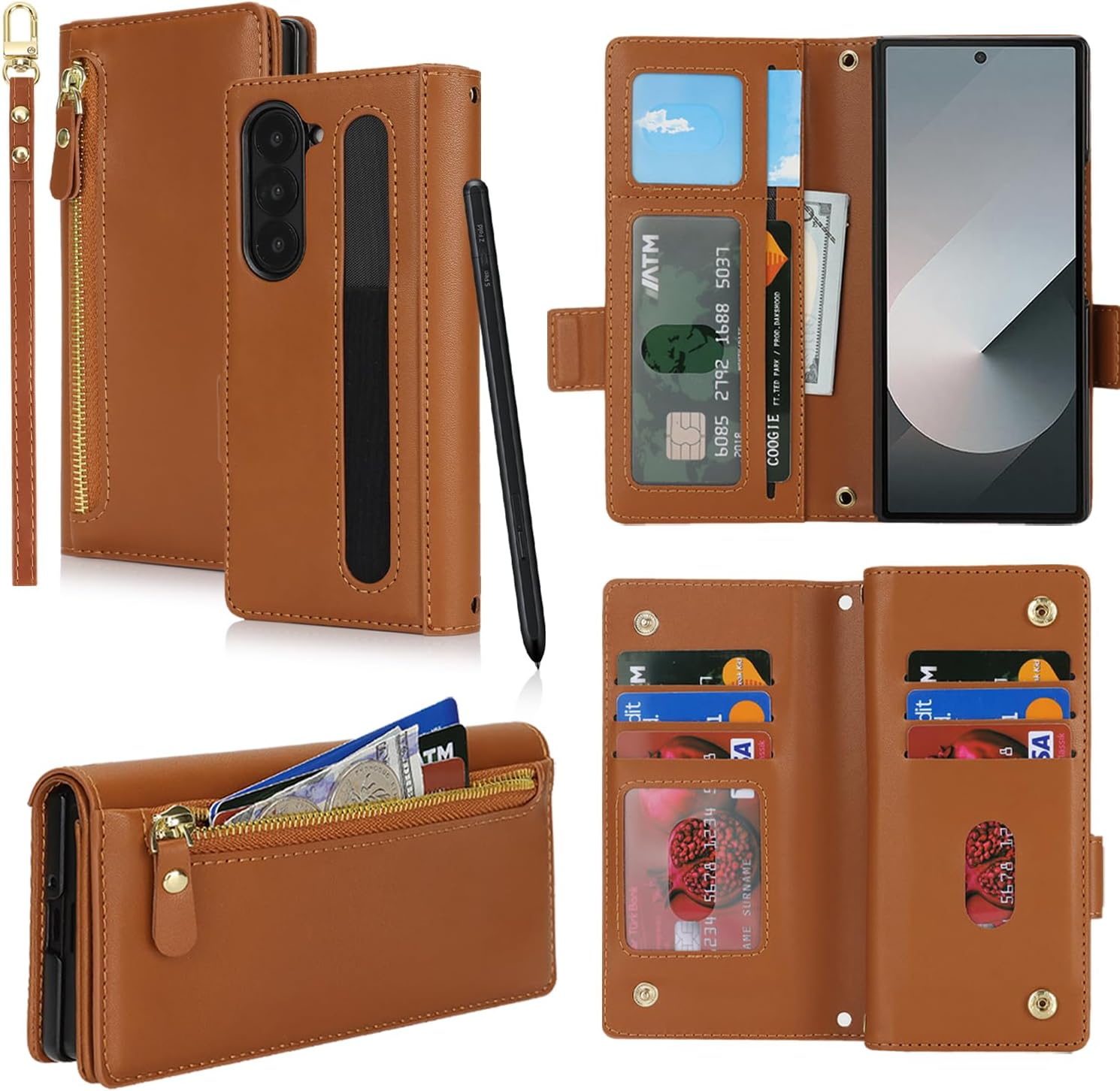 Sunyoo for Iphone 15 Case Leather Wallet with Card Holders Money Slots Wrist Strap for Women Men RFID Blocking Purse for Iphone15 Zipper Coin Pocket Cover Kickstand Folio Flip Case Purple