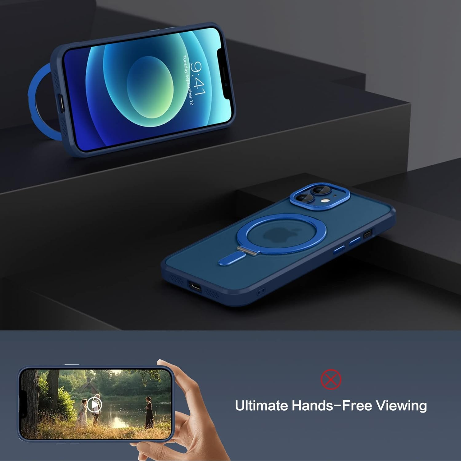 GUAGUA Magnetic Slim Case for Iphone 12/Iphone 12 Pro Compatible with Magsafe, Magnetic Kickstand Iphone 12/Iphone 12 Pro, Case Transparent Cover Phone Cases 6.1 Inch, Navy Blue image number 5