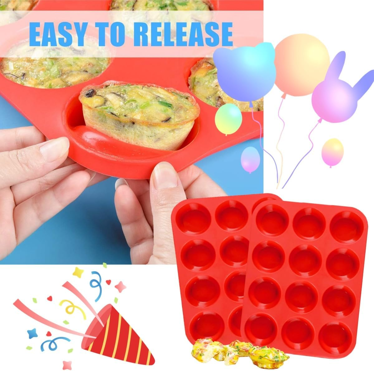 RJDJDLXM 2 Pack Muffin Tray, Silicone Muffin Mold 12 Cups, Cupcake Pan, Nonstick Baking Mould Dishwasher Safe for Muffin Tins, Cakes Microwave, Oven(Red)
