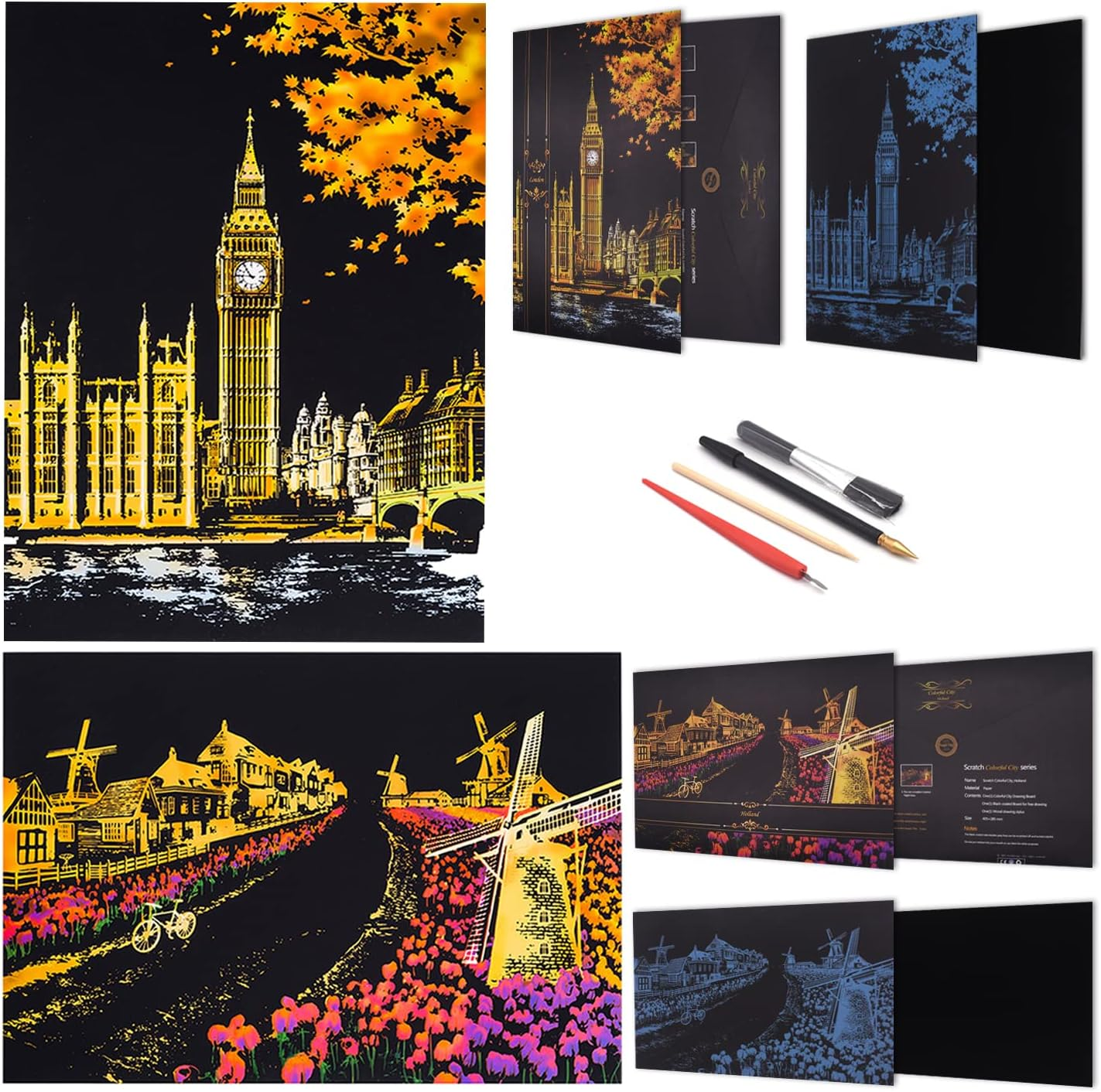 Scratch Rainbow Painting Art Paper,Scratch & Sketch Art for Kids & Adults,Animal Series Creative DIY Gifts&Arts Craft Kits with 4 Tools,16''X11''(Lion&Tiger)