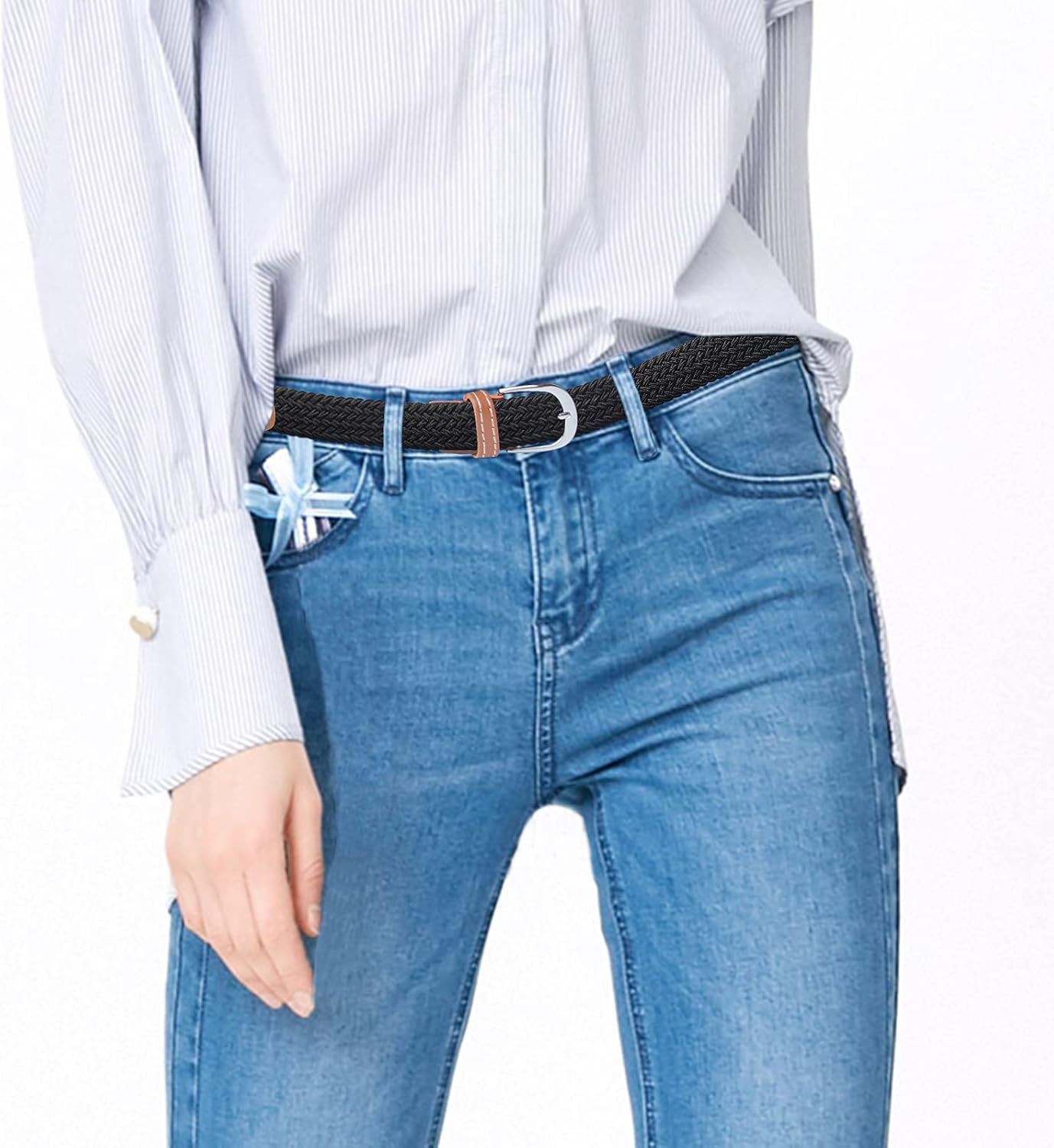 SWAUSWAUK Belts for Women X 2 Pcs - Ladies Belts for Jeans & Pants Elasticated Elastic Belt Women - Black+Brown image number 2