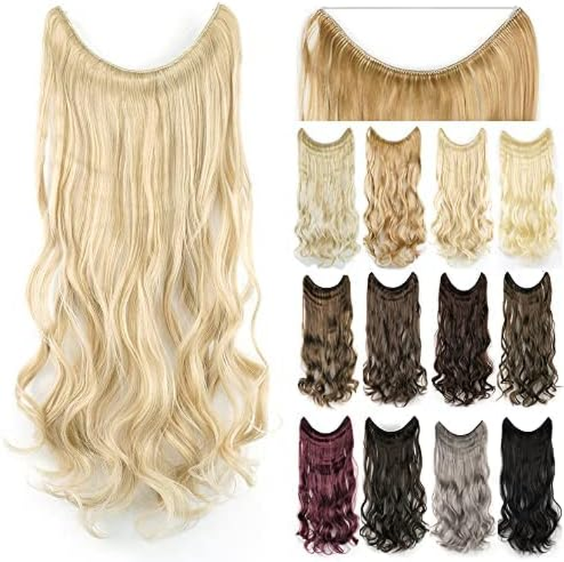 IMISSU 22'' 26'' Long Body Wavy Hair Extensions Fish Line Hairpiece Synthetic Invisible Secret Wire Headwear Flip Curly Hair Extension Pieces (22 Inch,613 Blonde)