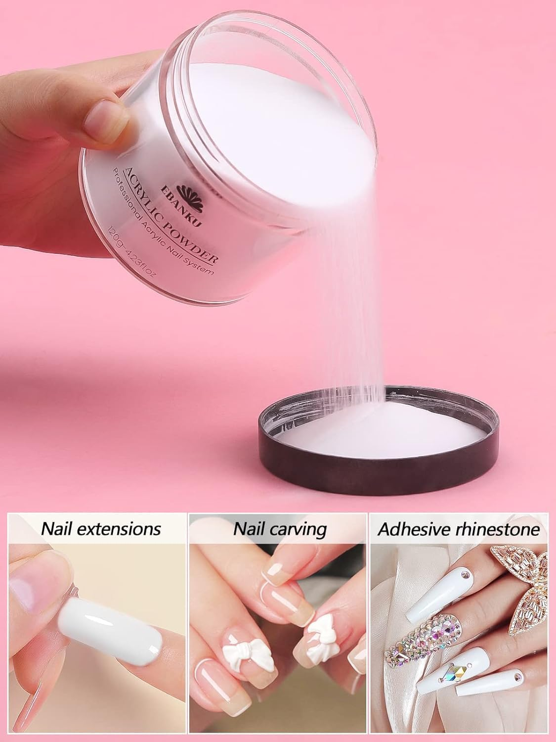 Kalolary White Acrylic Powder, 120G/4.23Oz Acrylic Powder Large Capacity Professional Acrylic Nail Powder for Nail Acrylic Extension, Nail Carving, Long-Lasting, No Nail Lamp Needed