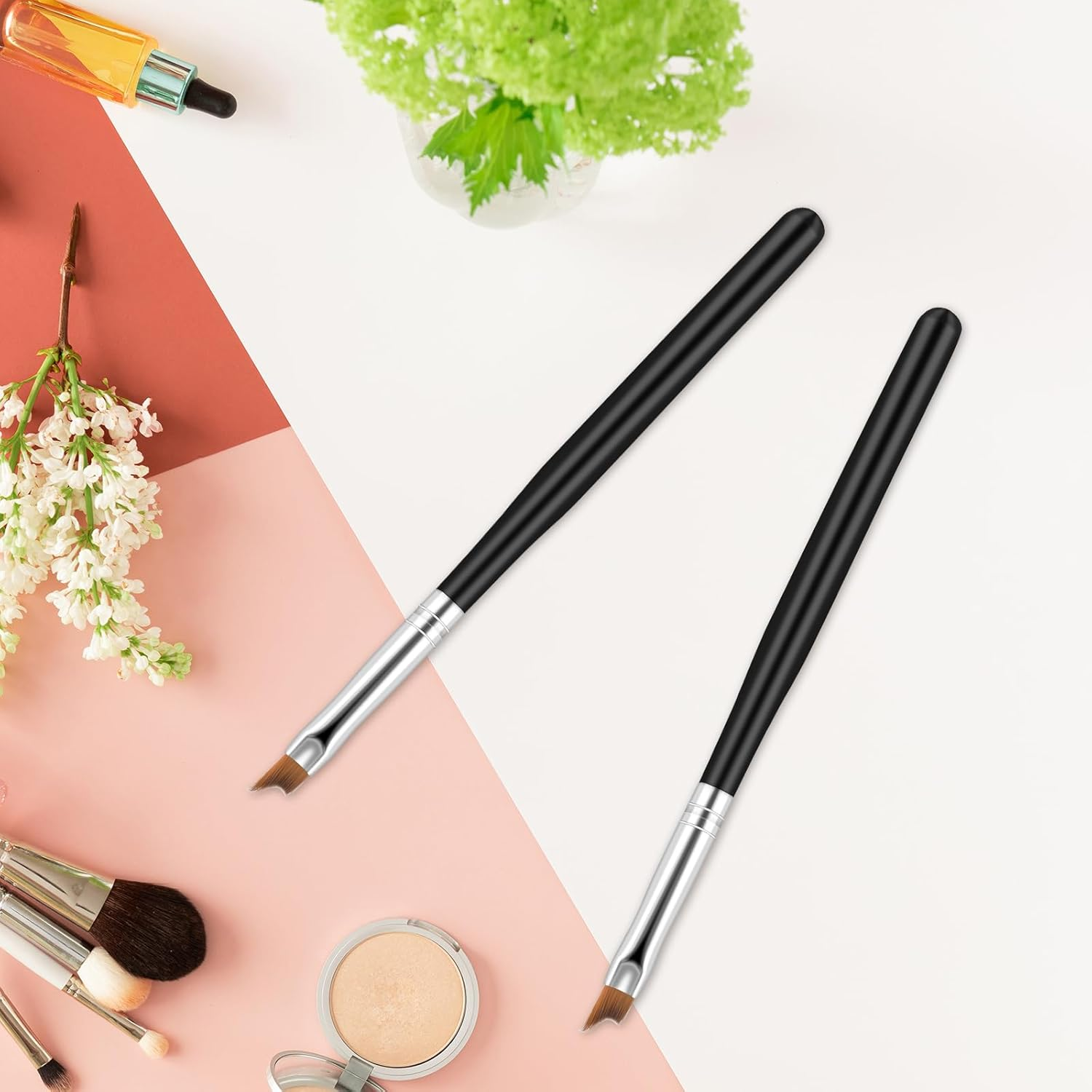 2 Pcs Oblique Head French Tip Nail Brush, Professional French Manicure Brush, Black Handle UV Gel Acrylic Painting Drawing Pen, Manicure Tool(Black) image number 1