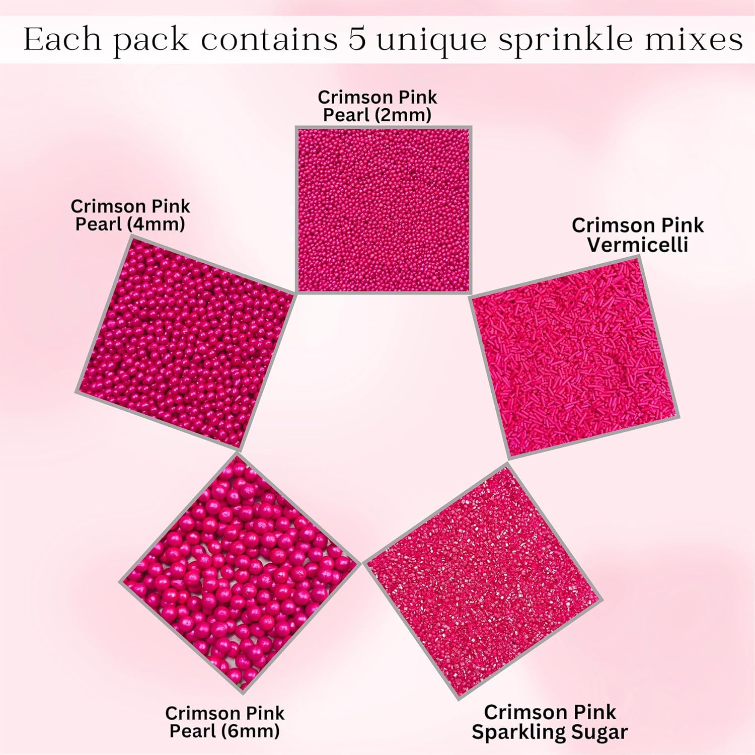 Confect Sprinkles for Cakes & Cupcakes Decoration | Assorted Pack of 5 Crimson Pearl Sprinkles | Pink Sprinkles | Bithday Sprinkles | Edible Mix Dragees, Jimmies & Sparkling Sugar - 3.5 Oz image number 2
