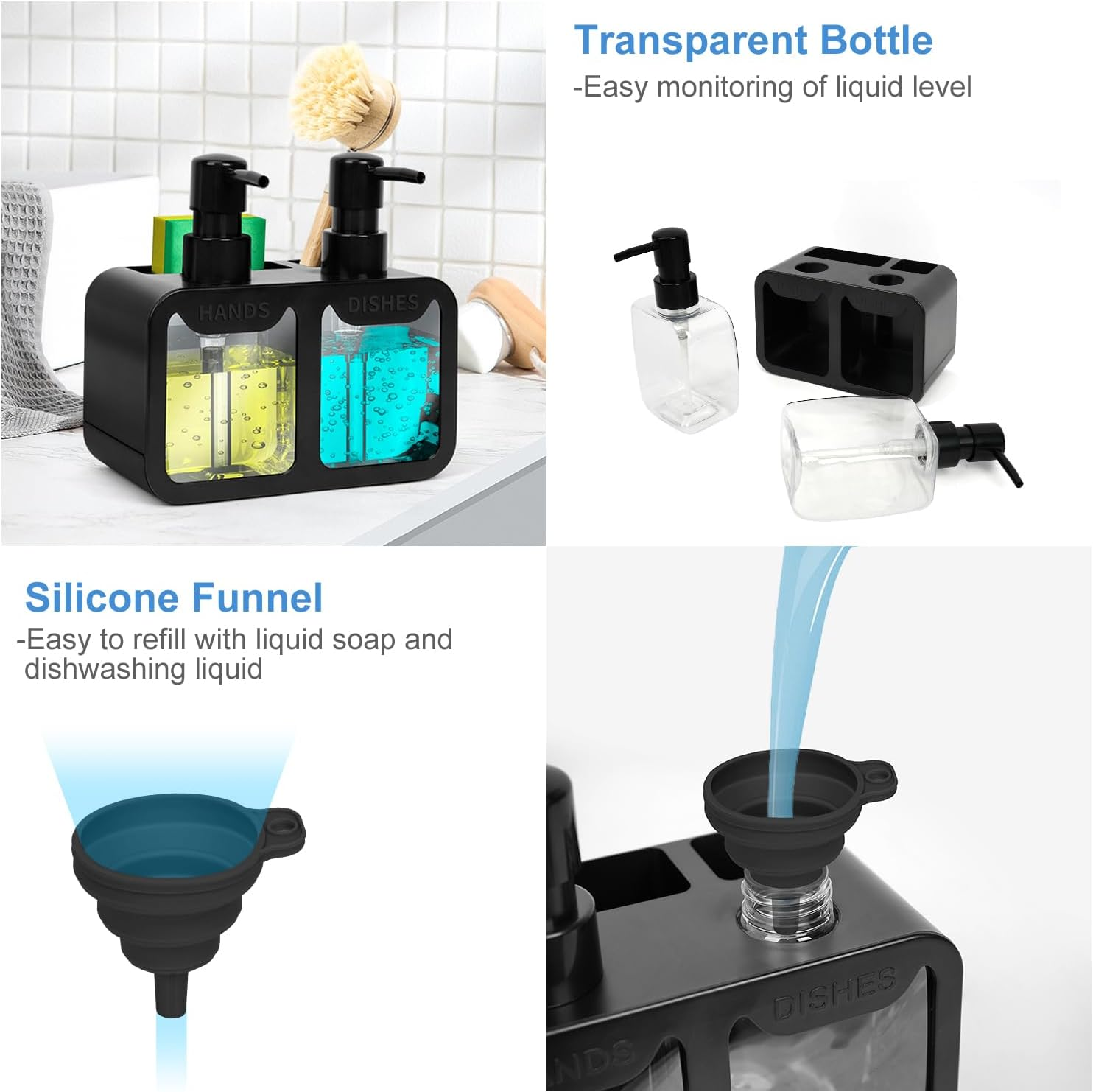 Kitchen Soap Dispenser with Silicone Funnel, Hand and Dish Soap Dispenser and Sponge Caddy and Brush Holder, 4 in 1 Countertop Organizer for Kitchen Sink(Black) image number 2