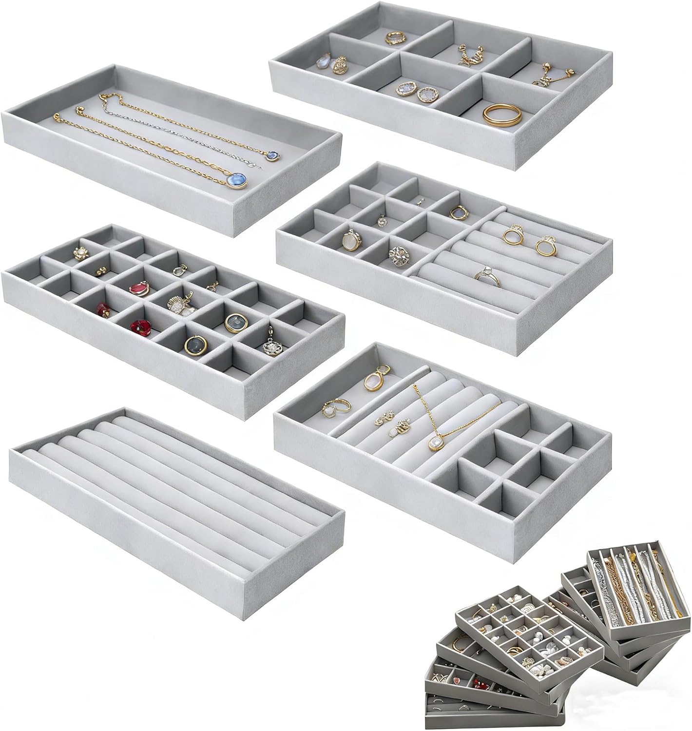 WEZCHUGHAOL Velvet Jewellery Storage Trays, Set of 6, Stackable Organiser for Drawers, Grey image number 2