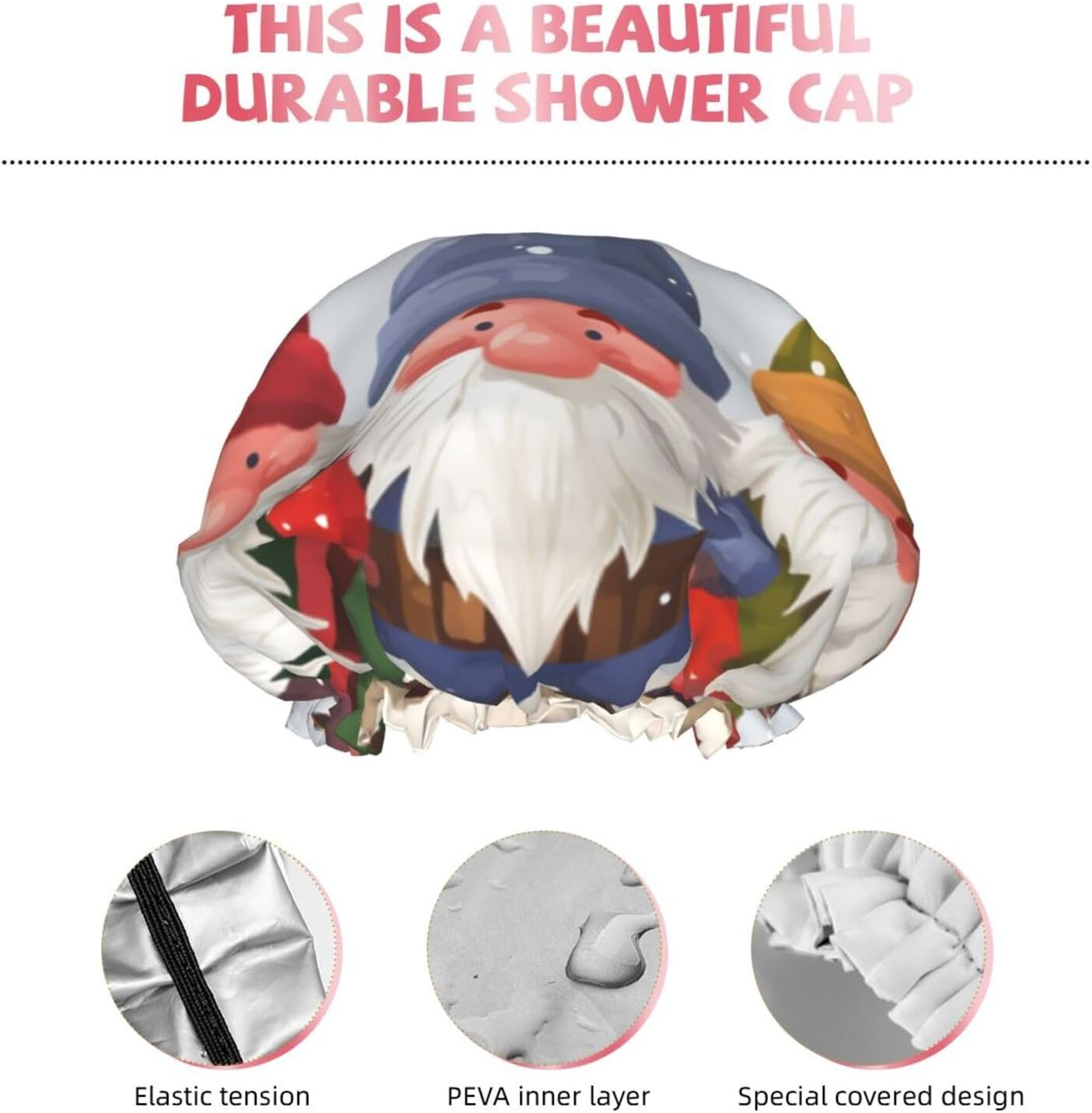 Christmas Winter Gnomes Shower Cap for Women Reusable Double Layers Bathing Bath Cap Hair Caps Waterproof Elastic Band Ladies Spa Salon Shower Hat Hair Caps image number 6