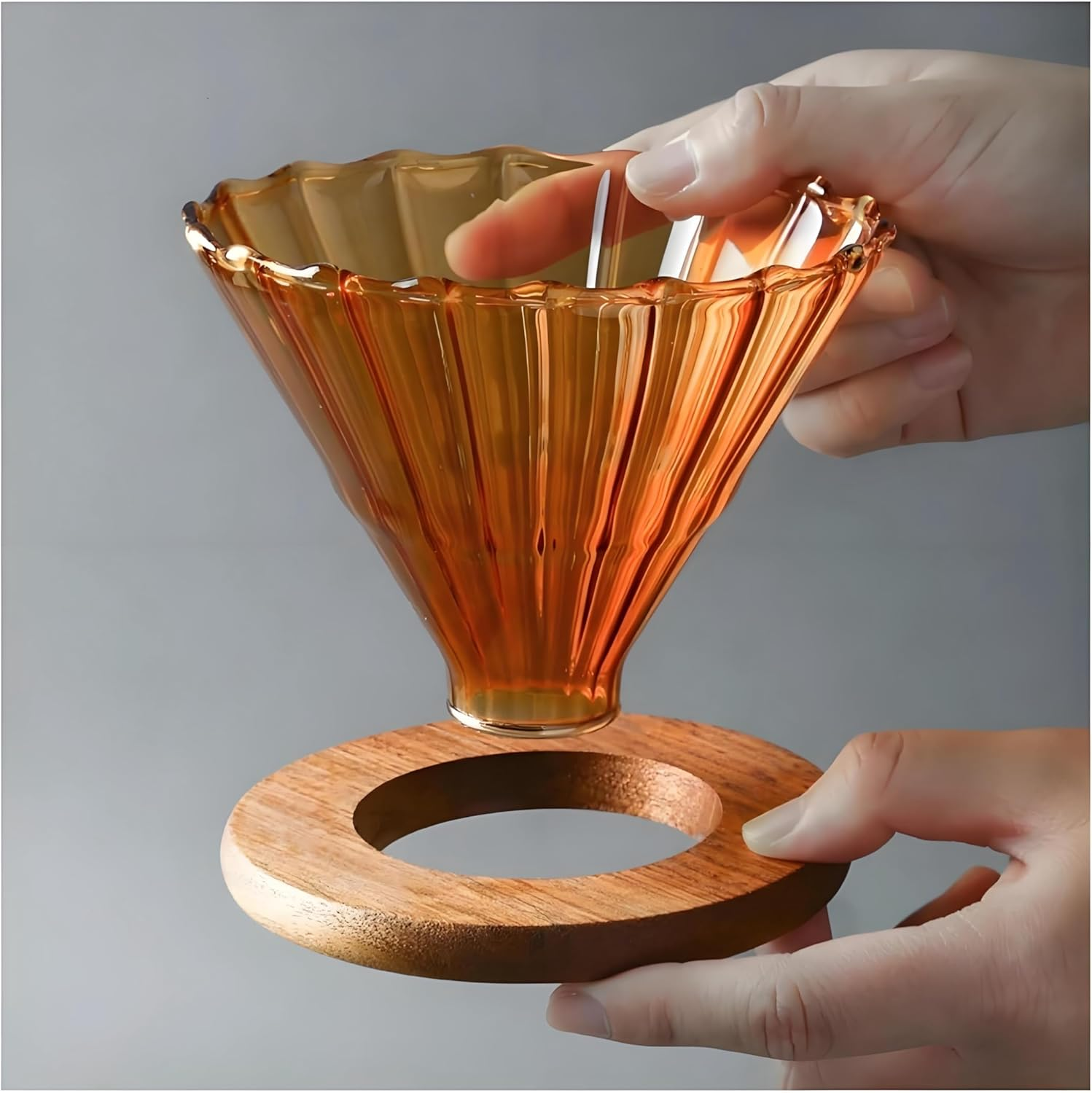 KFKAA V60 Glass Coffee Dripper，With Bamboo Wood Base Drip Coffee Makerhome, for Travel, Camping, Office,1-3 Cups image number 6