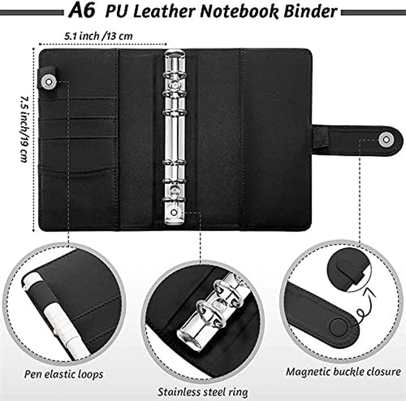 A6 PU Leather Binder Budget Planner Organizer 6 Ring Binder Cover, 8Pcs Binder Pockets, 12Pcs Expense Budget Sheets & 2Pcs Categories Sticker Labels, Money Saving Binder for Budgeting(Black) image number 5