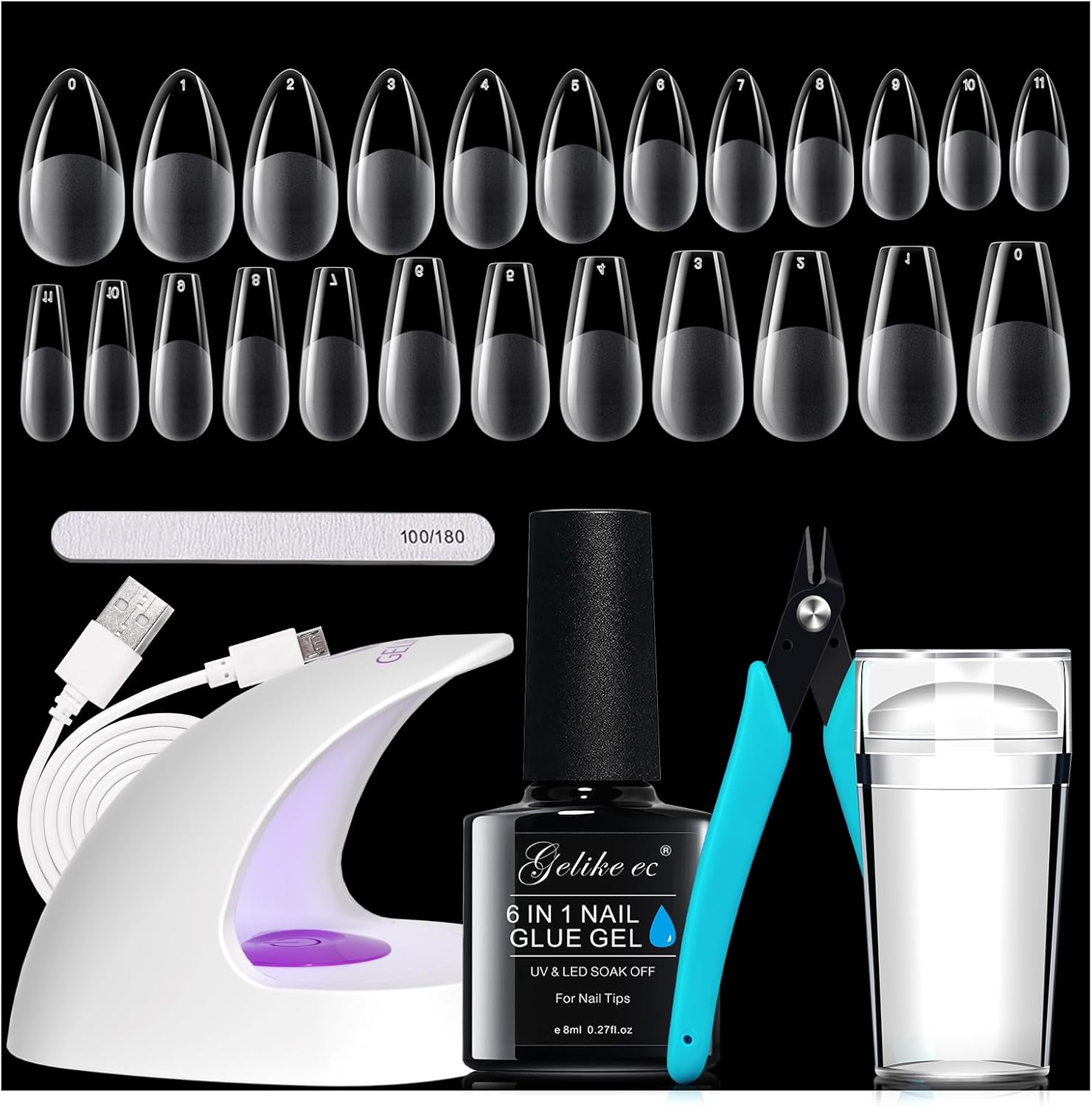 Gelike EC Soft Nail Tips and Glue Kit Uprage Version with Nail Glue, 240 Pieces Medium Almond and Medium Ballet Nail Tips, Nail Clippers, Nail File image number 3