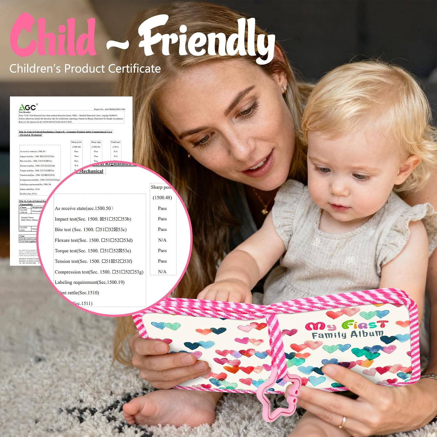 Fintie Baby Photo Album 4X6 Inch, 18 Photos My First Family Album Book with Soft Cloth Cover & Hook for Newborn/Toddlers/Kids/Baby Shower Memory Birthday Gifts, Raining Hearts image number 4