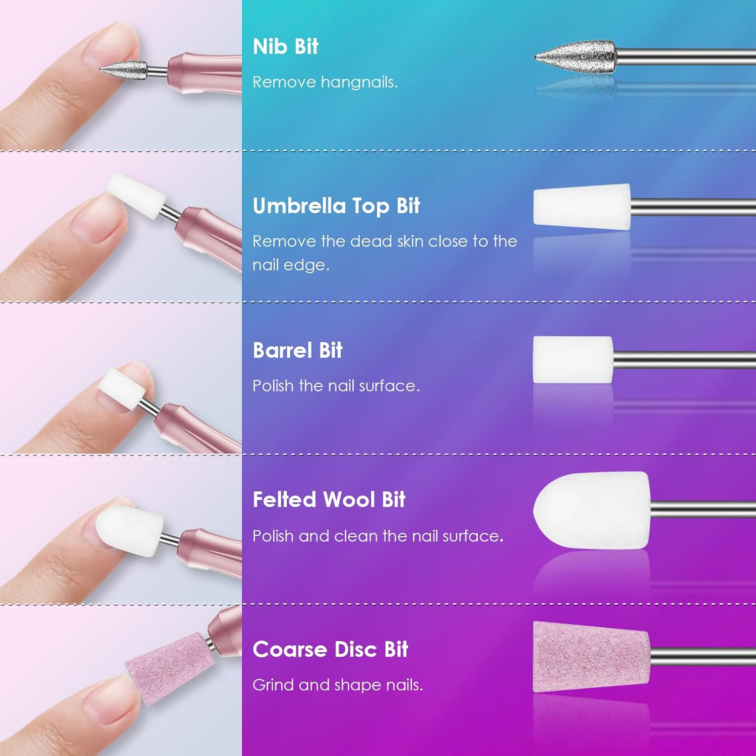 Rolokit 21Pcs Nail Drill Bits Set, 3/32 Inch Nail Bits for Nail Drill E-File, Professional Ceramic Carbide Diamond Drill Bit Set Nails for Acrylic Gel Nails, Home Salon image number 6