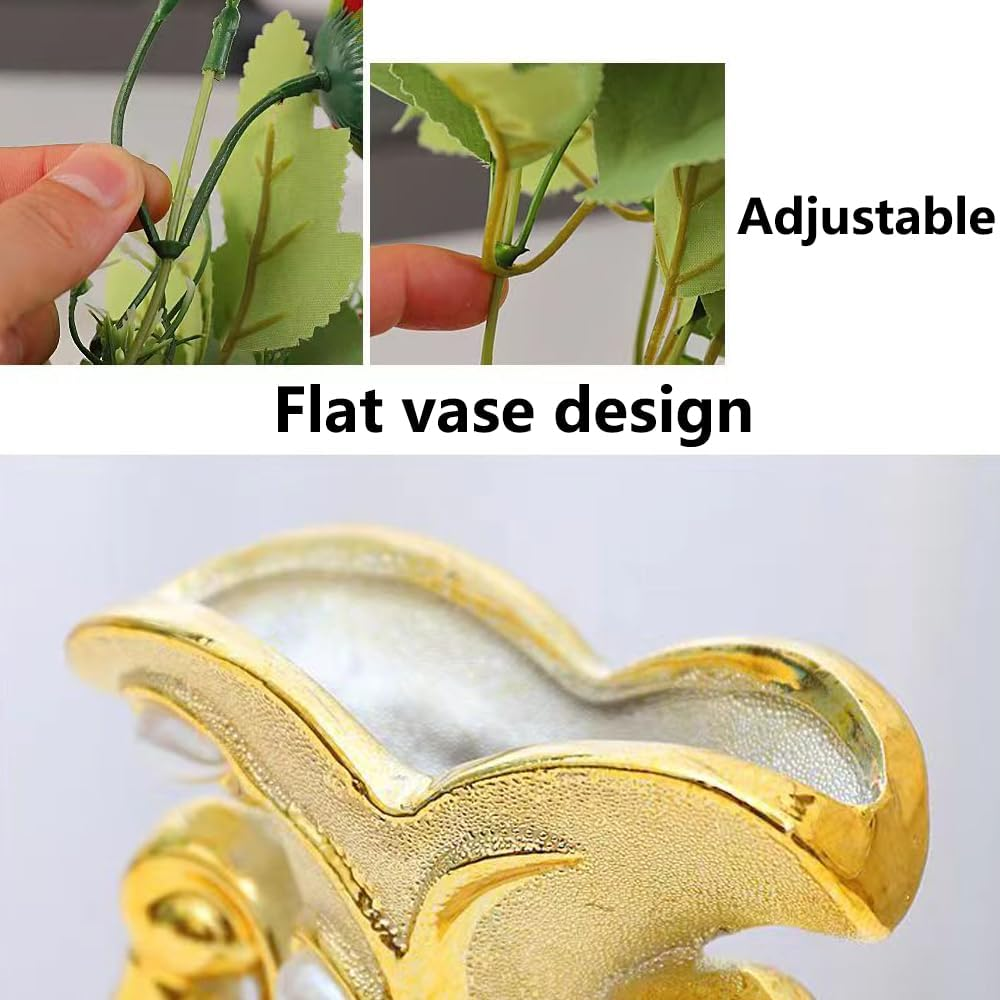 Hbluefat Fake Flowers in Vase,Mini Artificial Flower with Golden Ceramic Vase,Small Silk Roes Faux Flower Arrangements for Home Office Dining Table Centerpiece Coffee Table Decor (B Style,Red-Bud) - B Style,Red-Bud image number 3