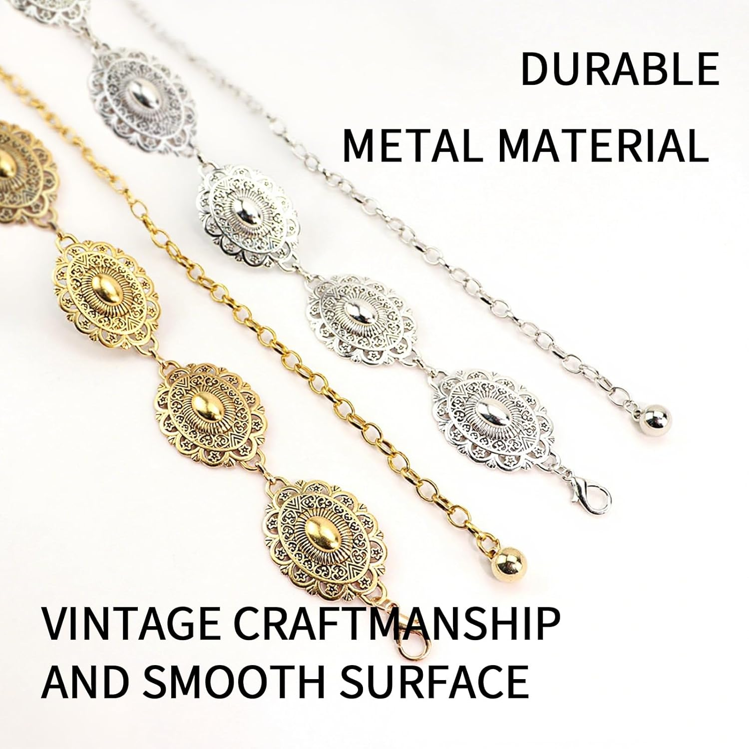 2Pcs Belt Women, Adjustable Golden Fashionable Retro Cowboy Belt,Waist Chain Oval Western Cowgirl Lady Metal Waist Chain Belt for Concert Party Travel image number 6