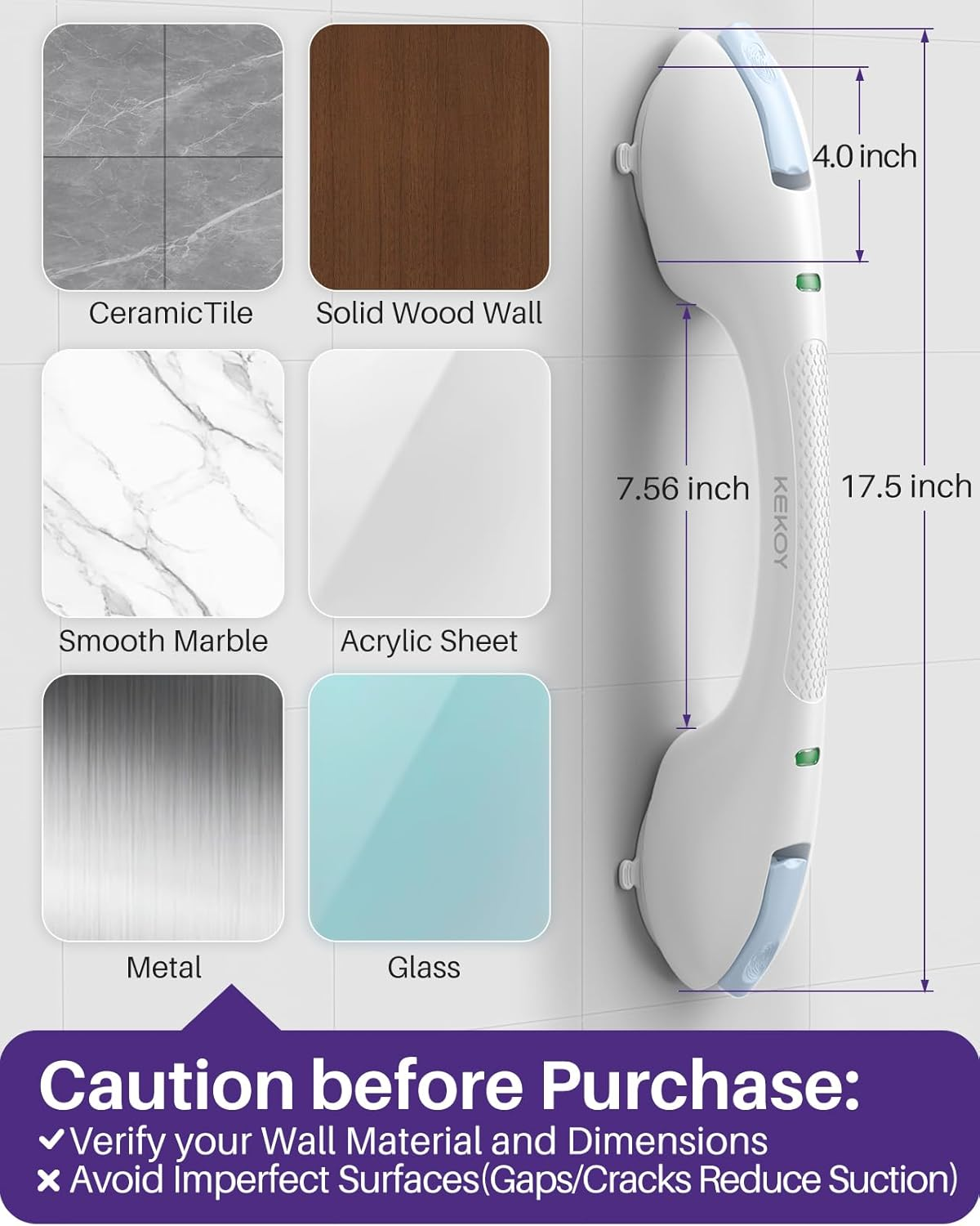 KEKOY 17.5 Inch Suction Grab Bars for Bathtubs and Showers with Indicator 2 Pack- Heavy Duty Safety Shower Handle for Seniors and Elderly, Handicap Bars for Bathroom, No Drilling and Removable, Blue - Purple image number 5
