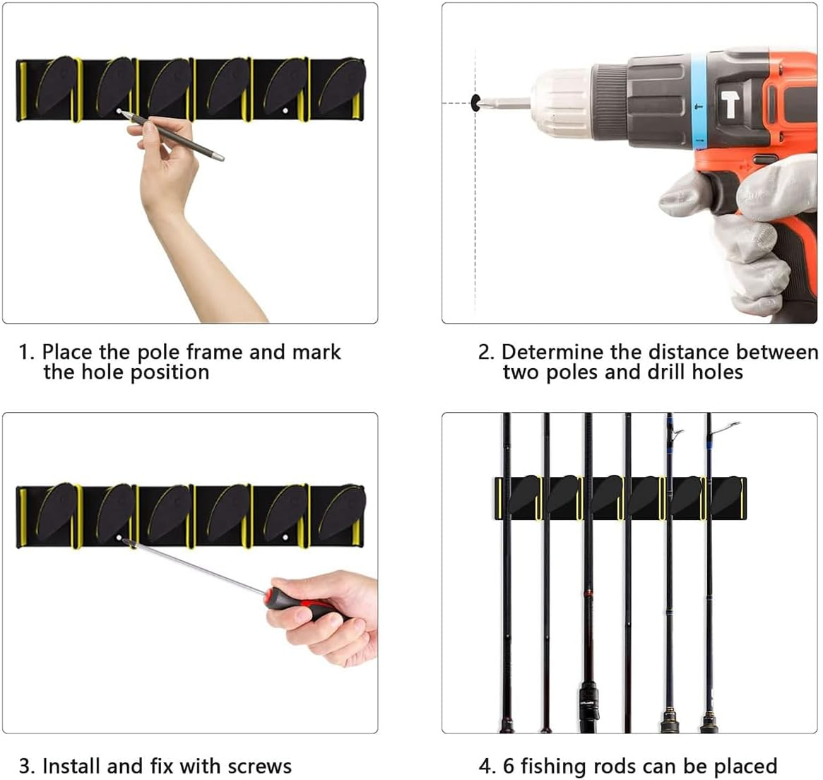 AIMALL Fishing Rod Rack, Holds 6 Rods, Snap - Design Spring Clips, 12.4&times;2.5&times;1.8In, Vertical/Horizontal Mount, Plastic Bracket for Tackle Storage - Yellow image number 2