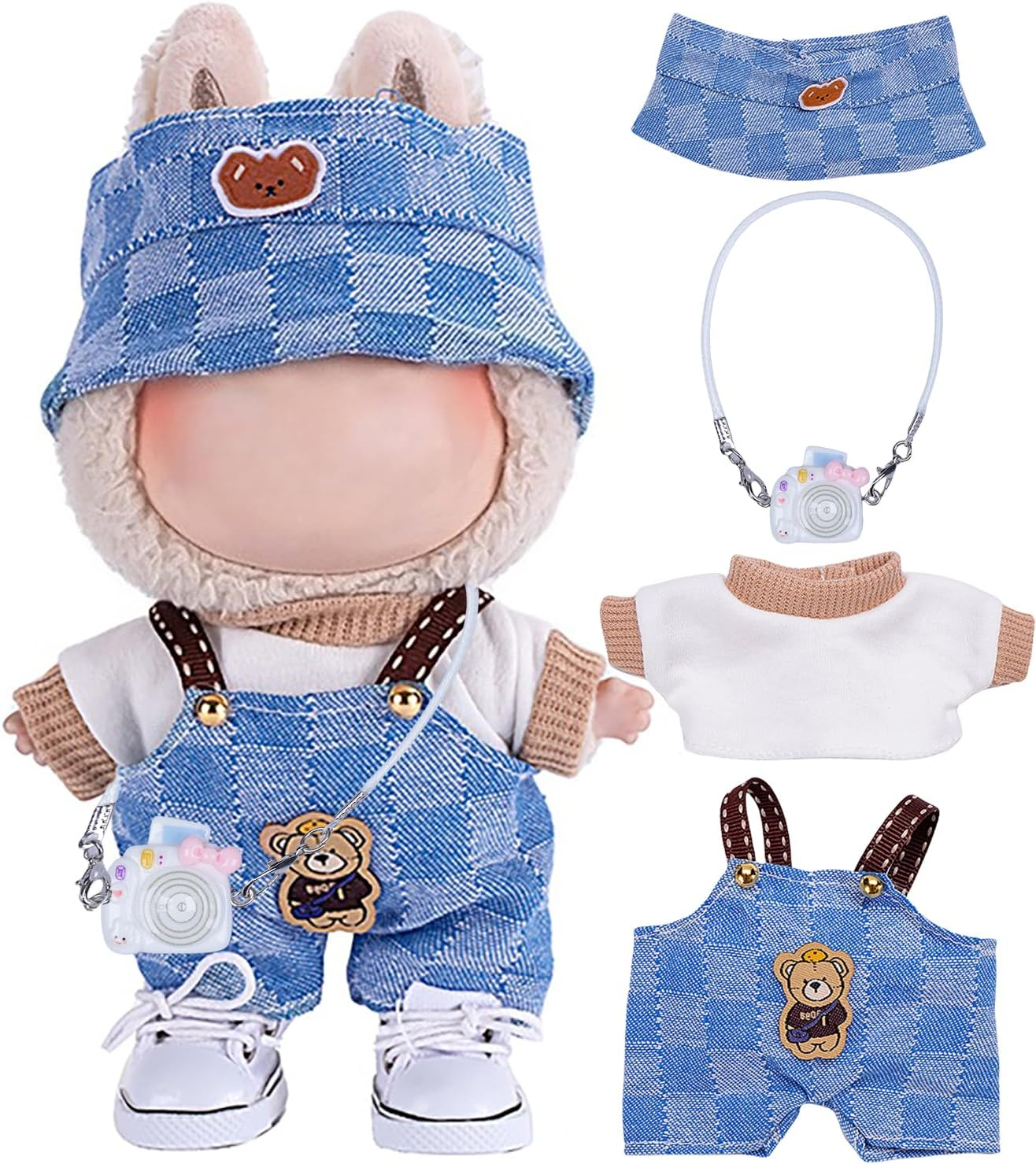Ariker 4Pcs Handcrafted Doll Clothes Set for 17Cm Dolls (Blue Overalls Set) AK053BL image number 2