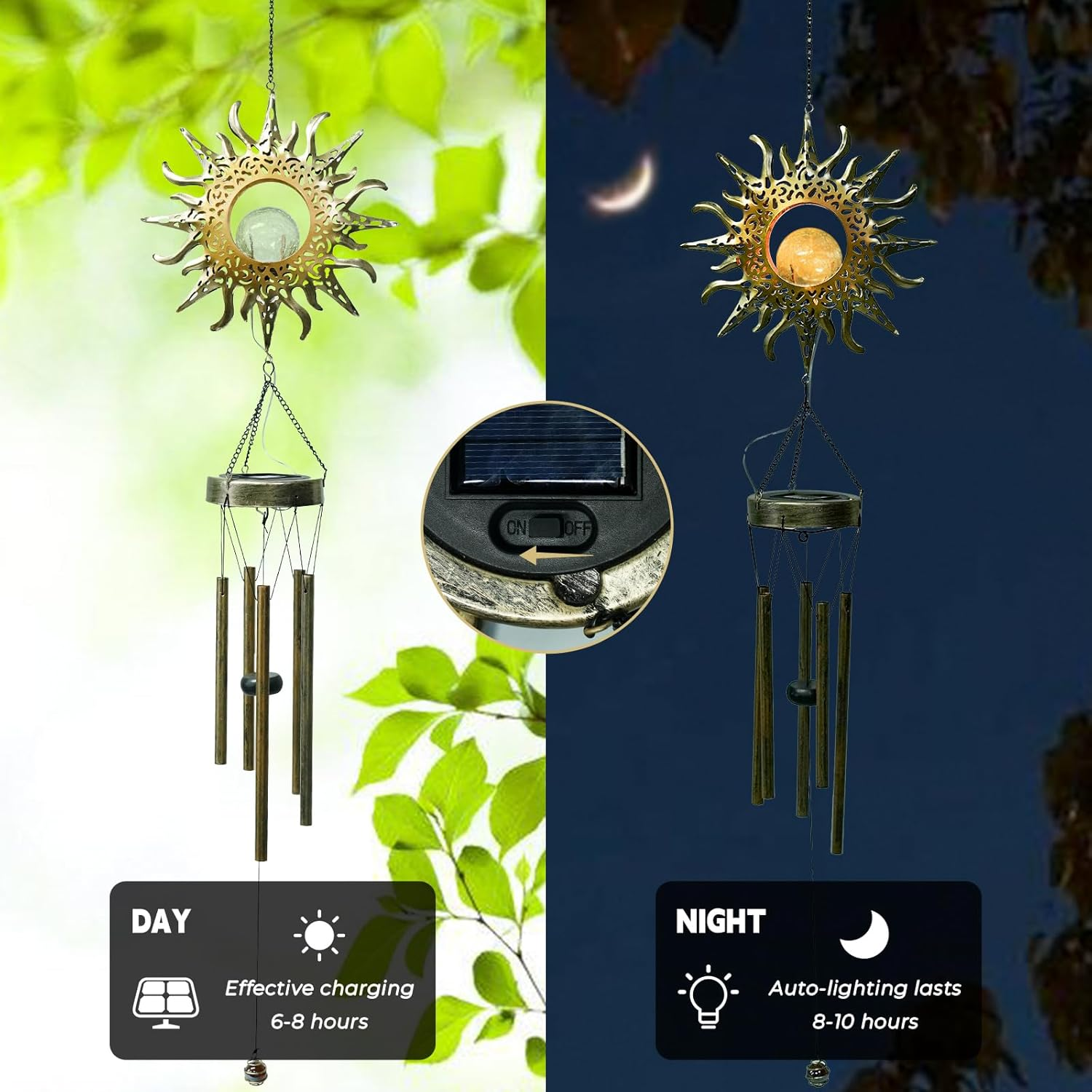 Ferrisland Solar Wind Chimes for outside Clearance, Sun Windchimes Outdoors for Porch Patio with Crackle Glass Ball LED Light, Waterproof Metal Outdoor Hanging Decor for Women Wife Mom image number 2