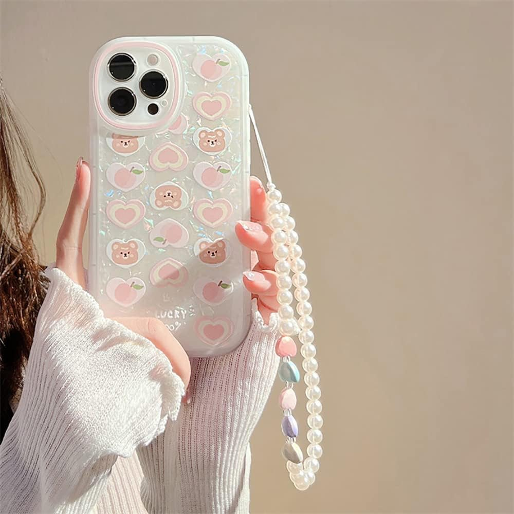 Fycyko Compatible with Iphone 7/8/SE Case with Phone Charm Srap, Cute Bear Love Heart Pattern with Pearl Bracelet Chain Sparkly Phone Case Camera Protect Pink image number 1