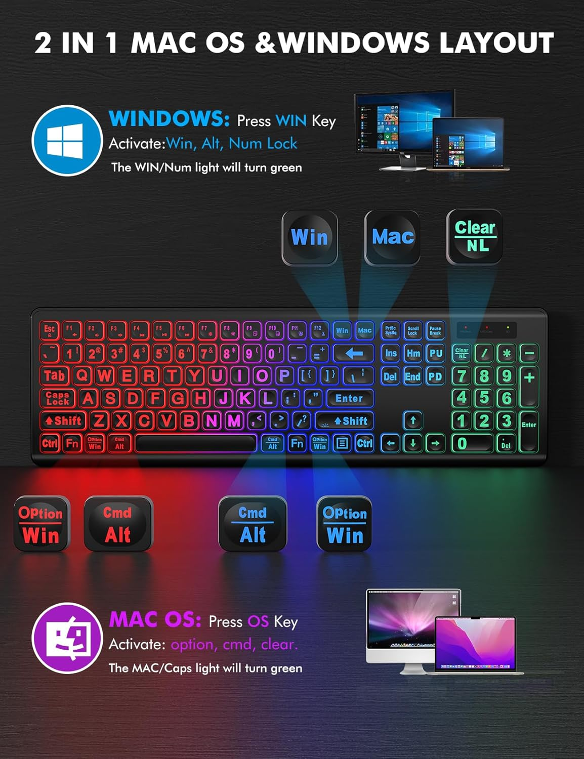 Wireless Keyboard and Mouse Combo - Large Print, RGB Backlit, Oversize Light up Letters, Rechargeable, Ergonomic Tilt Leg, Sleep Mode, 2.4Ghz Quiet Keyboard Mouse for Mac, Windows, Laptop, PC, Trueque - Mint Green image number 5