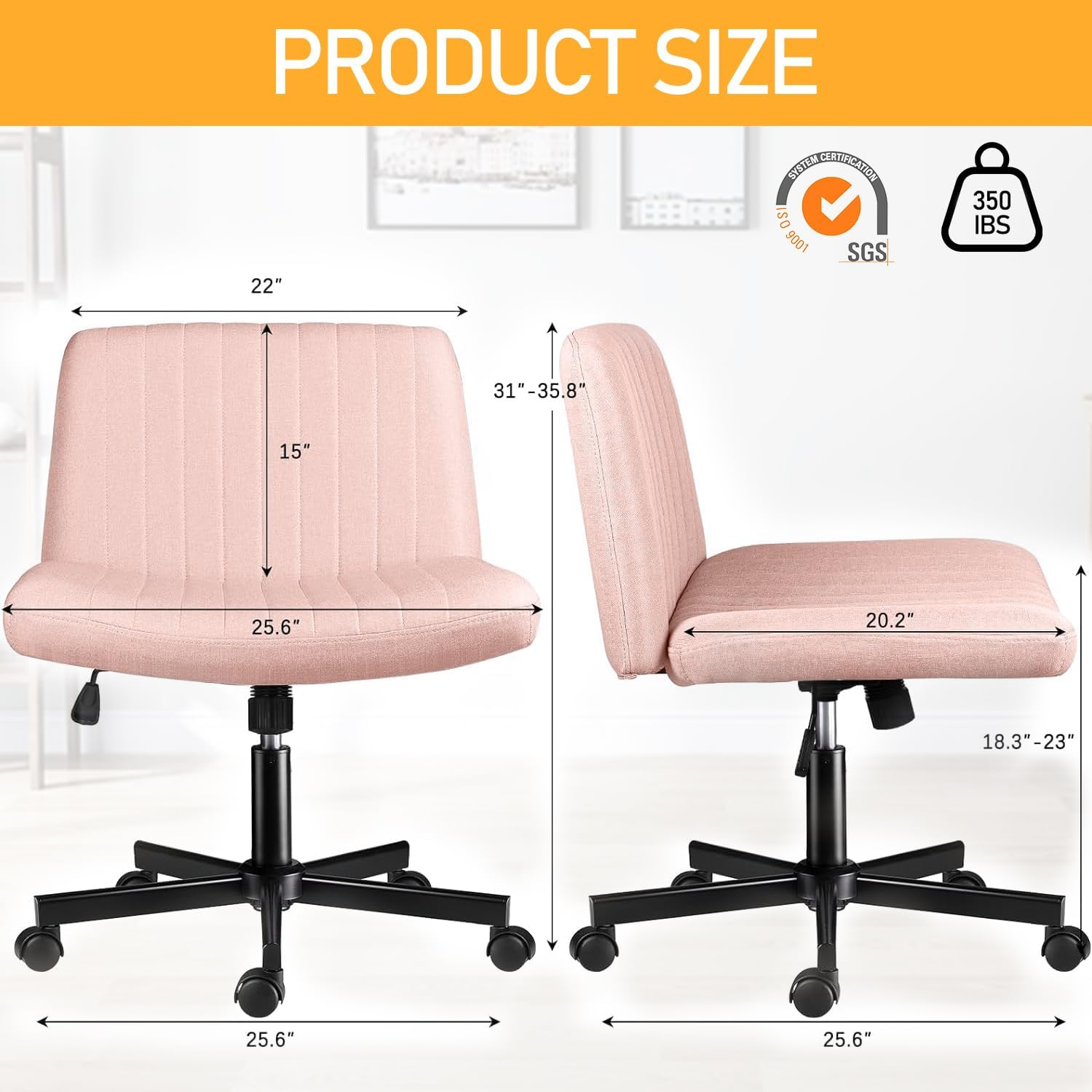 Uandhome Armless Office Chair with Wheels,Ergonomic Wide Seat Fabric Cross Legged Desk Chair, Swivel Computer Chair for Home Office, Modern Vanity Chair image number 2