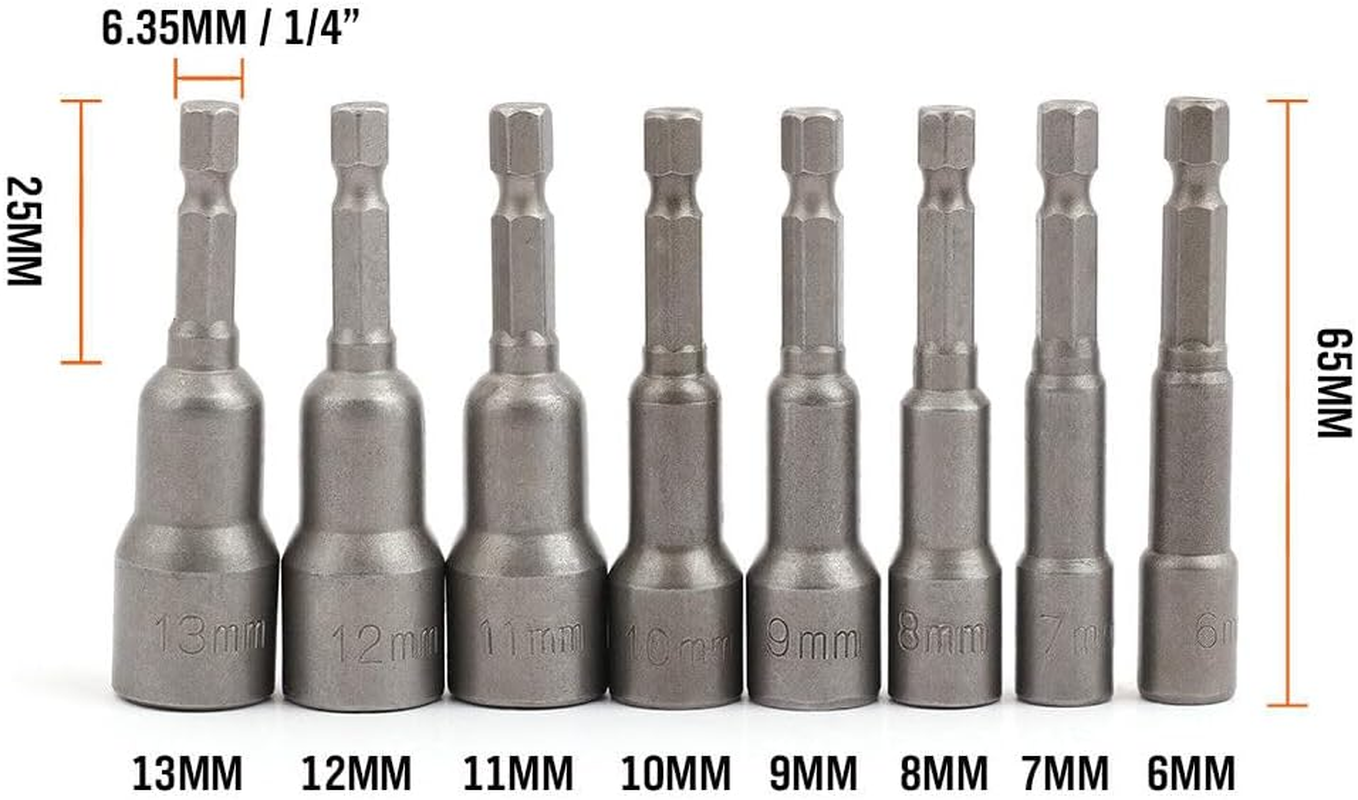 HORUSDY 8-Piece Magnetic Nut Driver Set, 6-13Mm Quickly Change Impact Socket Drill Bit Adaptor 1/4" Hex Shank Heavy Duty Metric Size image number 5