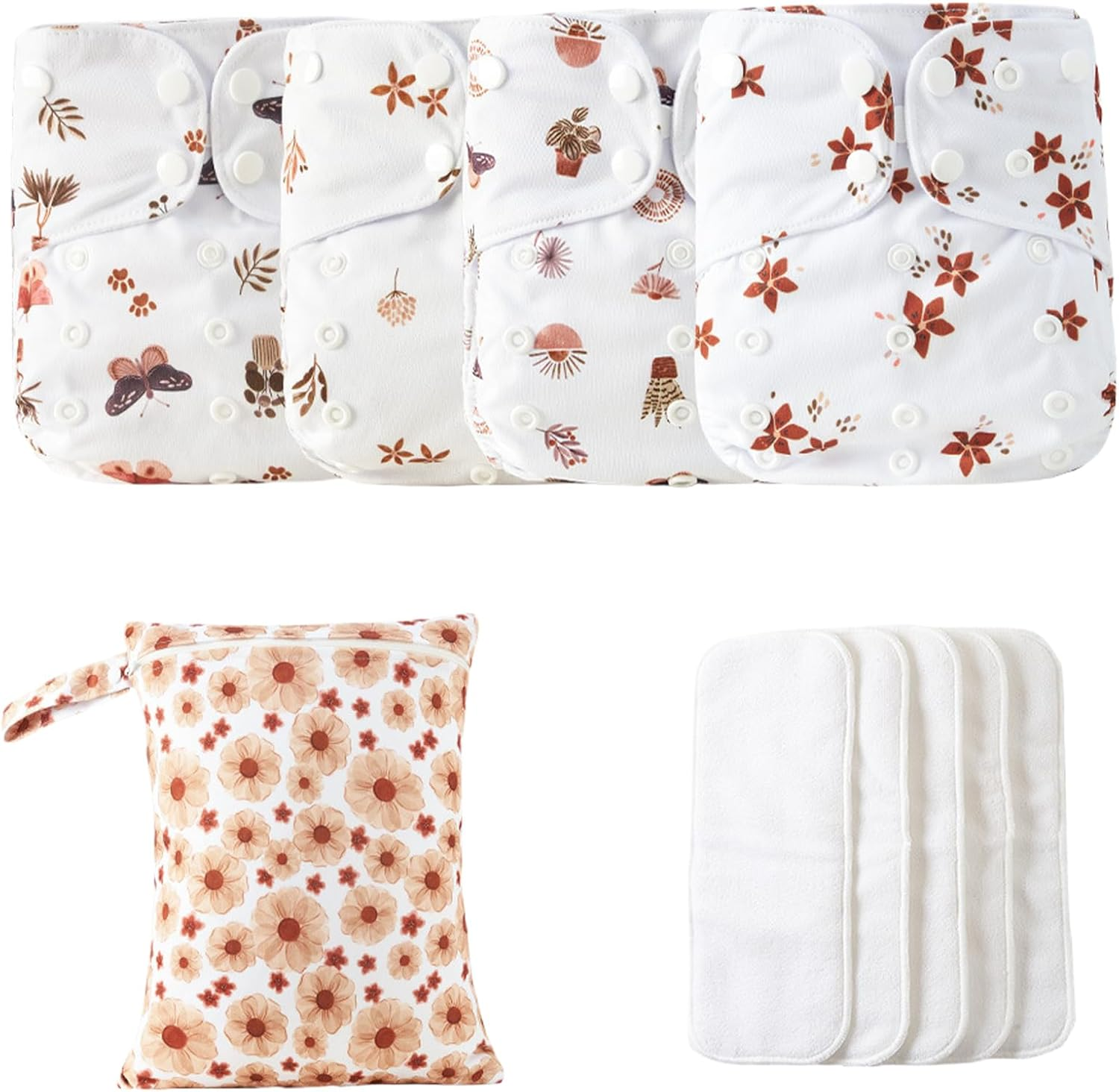 Reusable Cloth Diapers | Adjustable Washable Cloth Baby Diapers | 4X Absorbent Liners with 4 Inserts & 1 Wet Bag, Waterproof Cover for Toddler Boys Girls