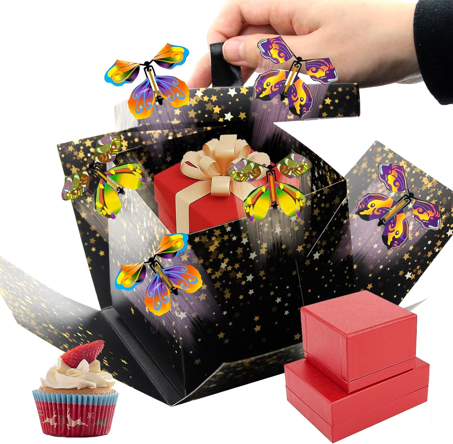 TUSAUW Butterfly Explosion Gift Box - Flying Butterfly Surprise Box for Birthdays, Christmas, Valentines, Proposal, Wedding Gifts & Prank (Black)