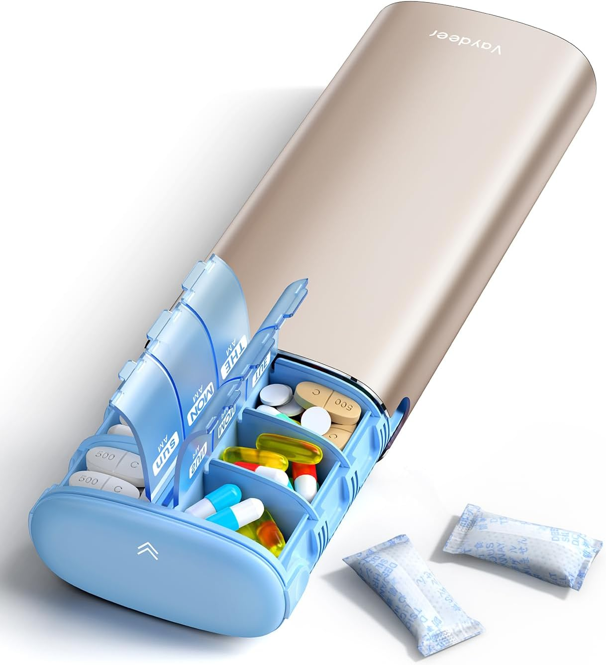 Vaydeer Metal 7 Day Pill Organizer 2 Times a Day &ndash; AM PM Weekly Travel Pill Case with Moisture-Proof Desiccant, Airtight Large Capacity Pill Box for Vitamins, Medications & Supplements (Black)