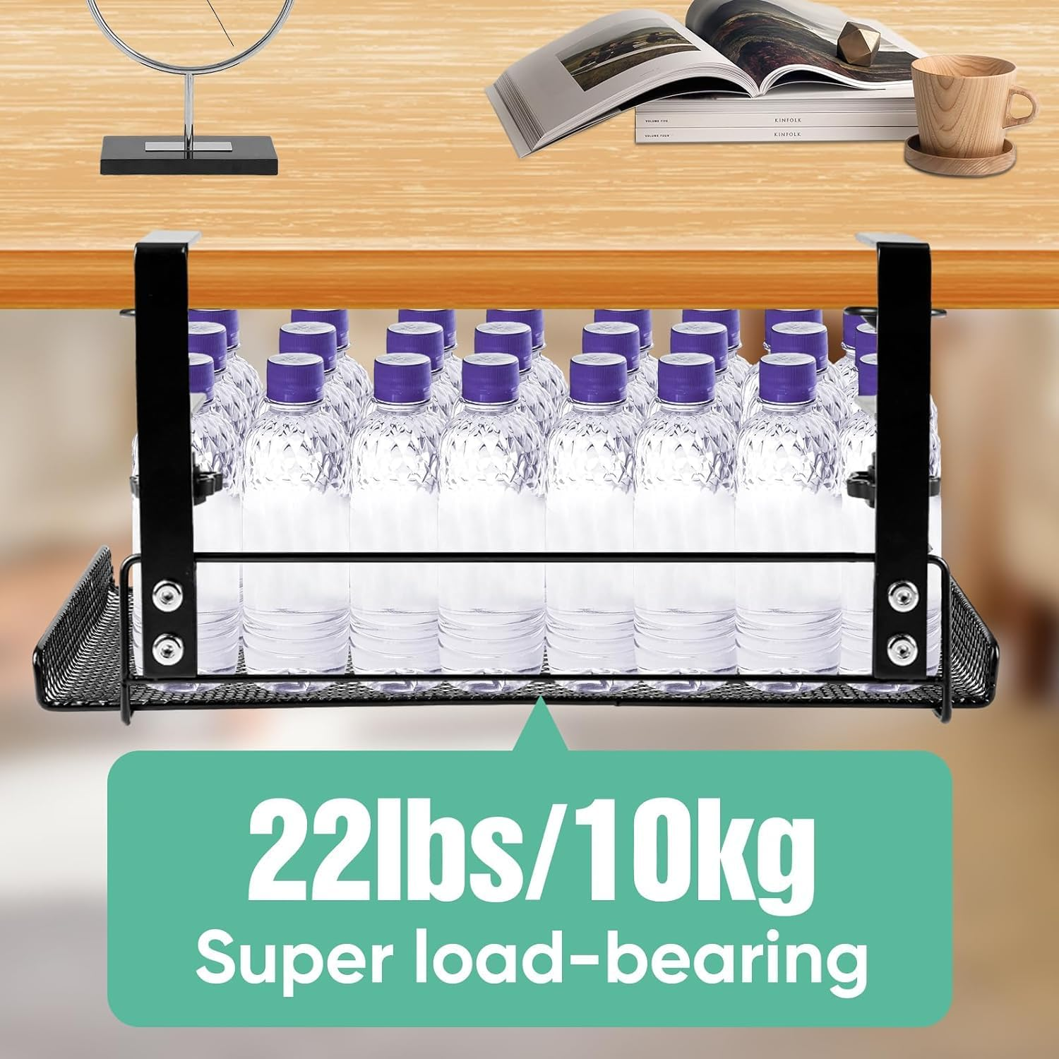 2 Pack under Desk Cable Management Tray No Drill, Under-Desk Cable Organiser for Cord Management, Ultra-Rugged Desktop Cable Rack with Clips, Standing Desktop Cable Manager (Black, L) image number 1