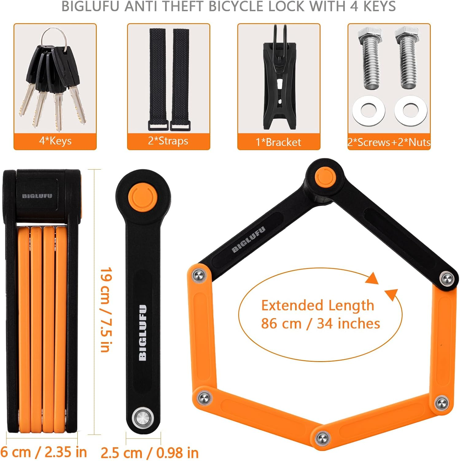 BIGLUFU Bike Lock Bicycle Scooter Motorcycle Folding Locks with 4Keys, Fold Chain Heavy Duty Alloy Steel Foldable Lock with Mounting Bracket 2Pc Straps, 86Cm/34 Unfolding, 1.92 Lbs image number 6