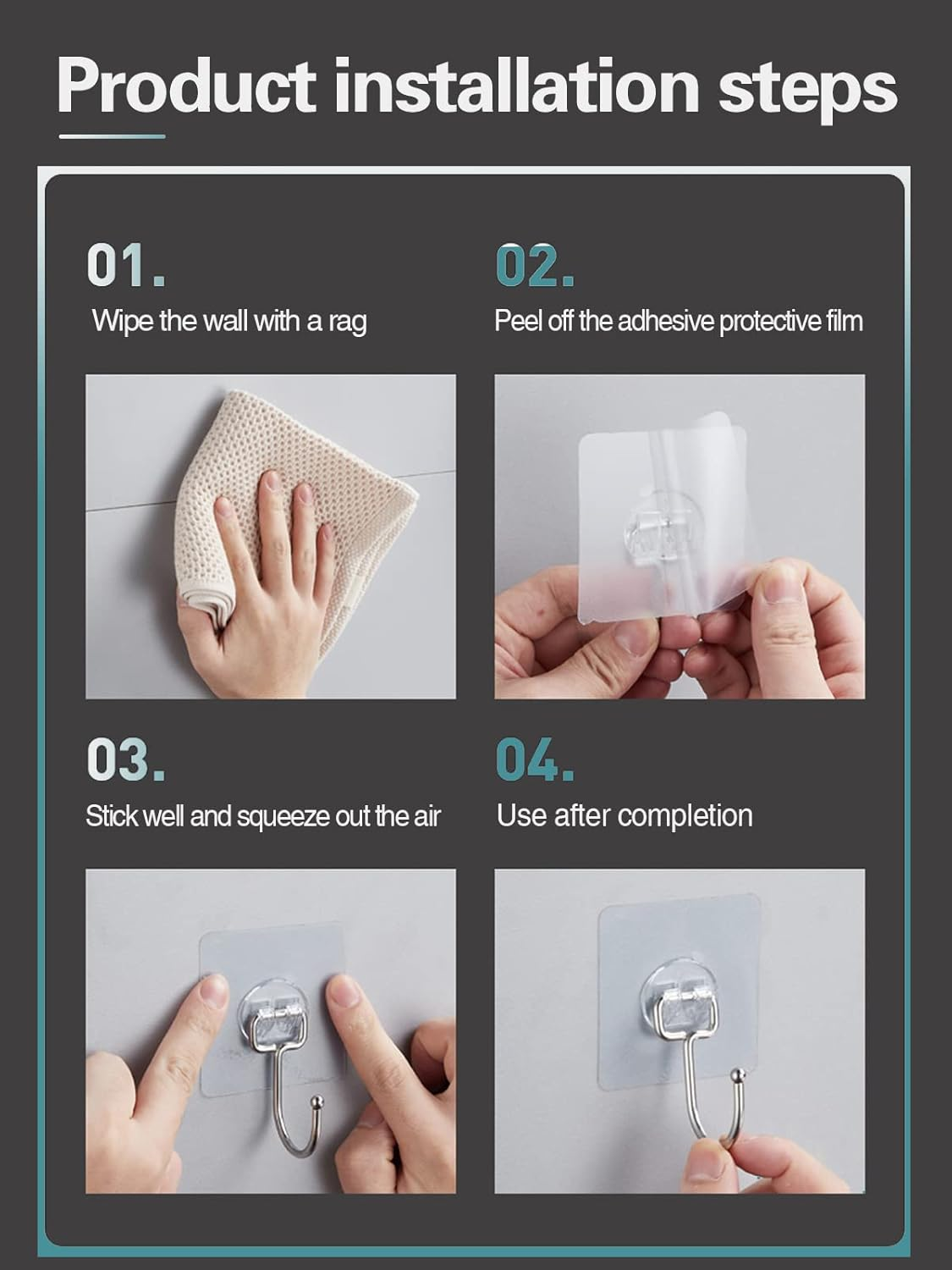 EKE 12 Pack of Large Adhesive Hook Wall Hooks with 40Ib Load Capacity (Max) for Hanging Stainless Steel Towels and Coats, Suitable for Kitchens, Bathrooms, Homes and Offices (12). image number 6