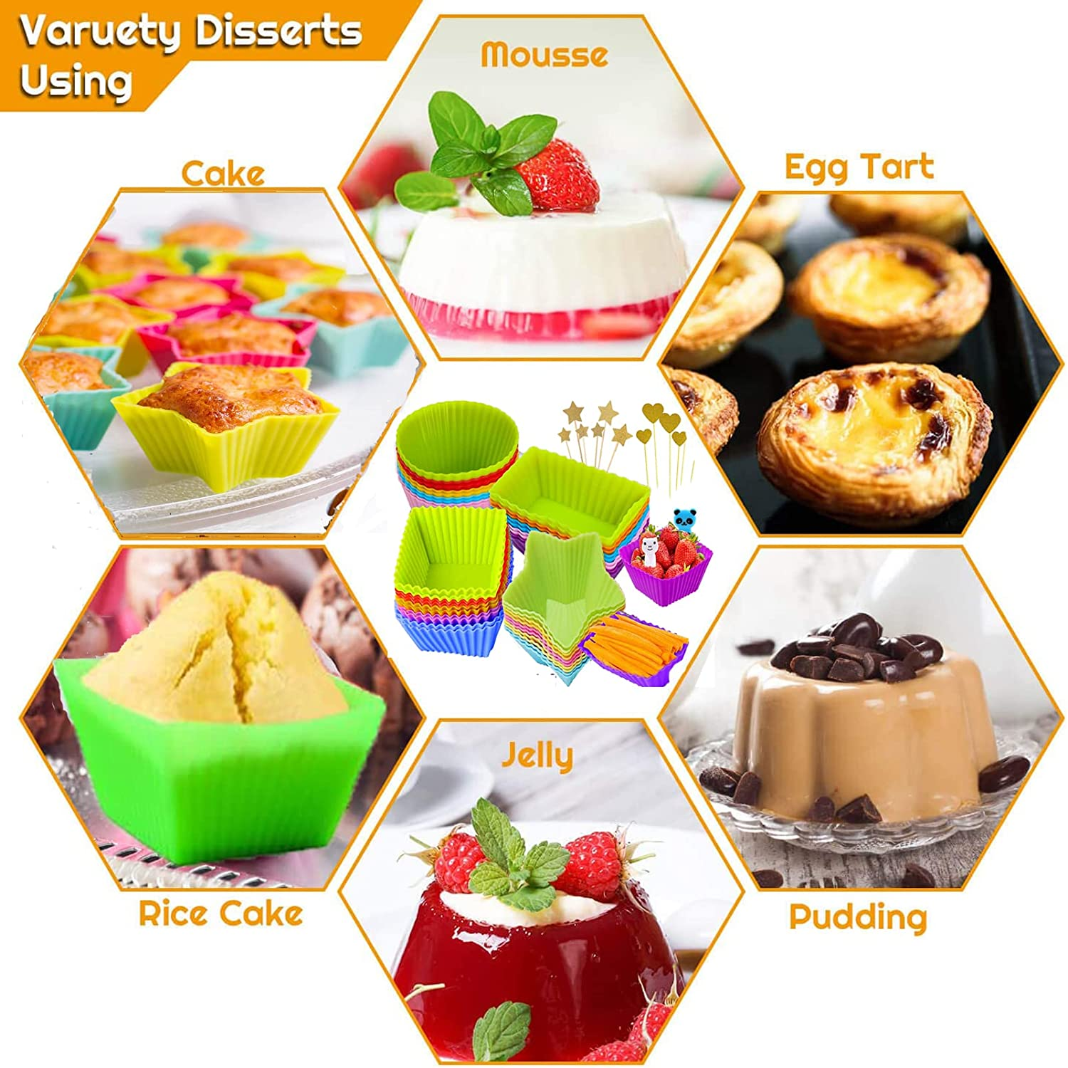 Silicone Cupcake Liners,40Pcs Reusable Silicone Baking Cups with 10 Food Picks,Non-Stick Muffin Liners Pastry Cake Molds,Silicone Lunch Box Dividers with 12Pcs Cake Toppers,Multicolour Baking Set image number 2