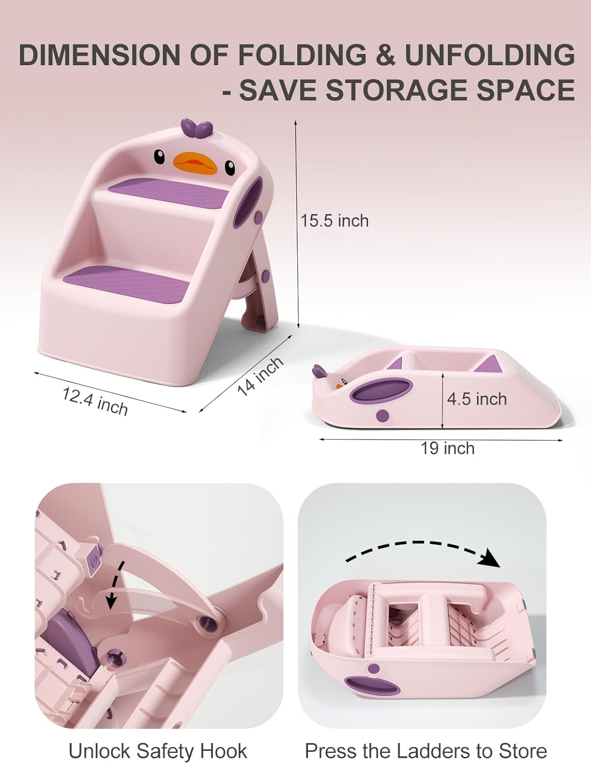Toddler Step Stool for Bathroom Sink Foldable, Pink, Two Step Stool for Kids Potty Toilet, Cute & Lightweight & Folding Gift to Give Steping Stool for Todders 1-3, 11" 2 Steps & 4" Child Back Support image number 2