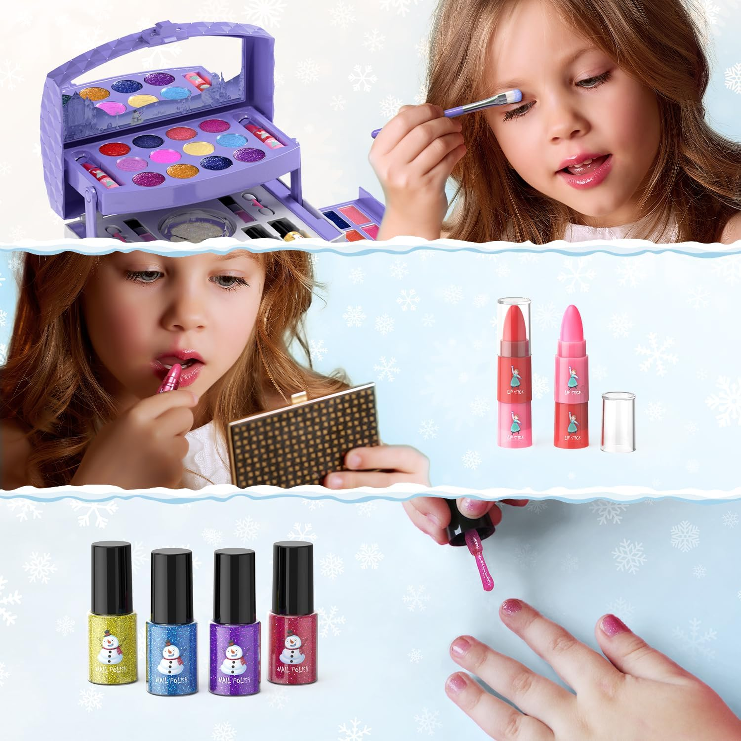 PERRYHOME Kids Makeup Set for Girl 56 Pcs Washable Real Cosmetic, Safe & Non-Toxic Frozen Toys Toddler Makeup Kit, Frozen Princess Dress up Game Christmas & Birthday Girl 3-12 - Purple image number 3