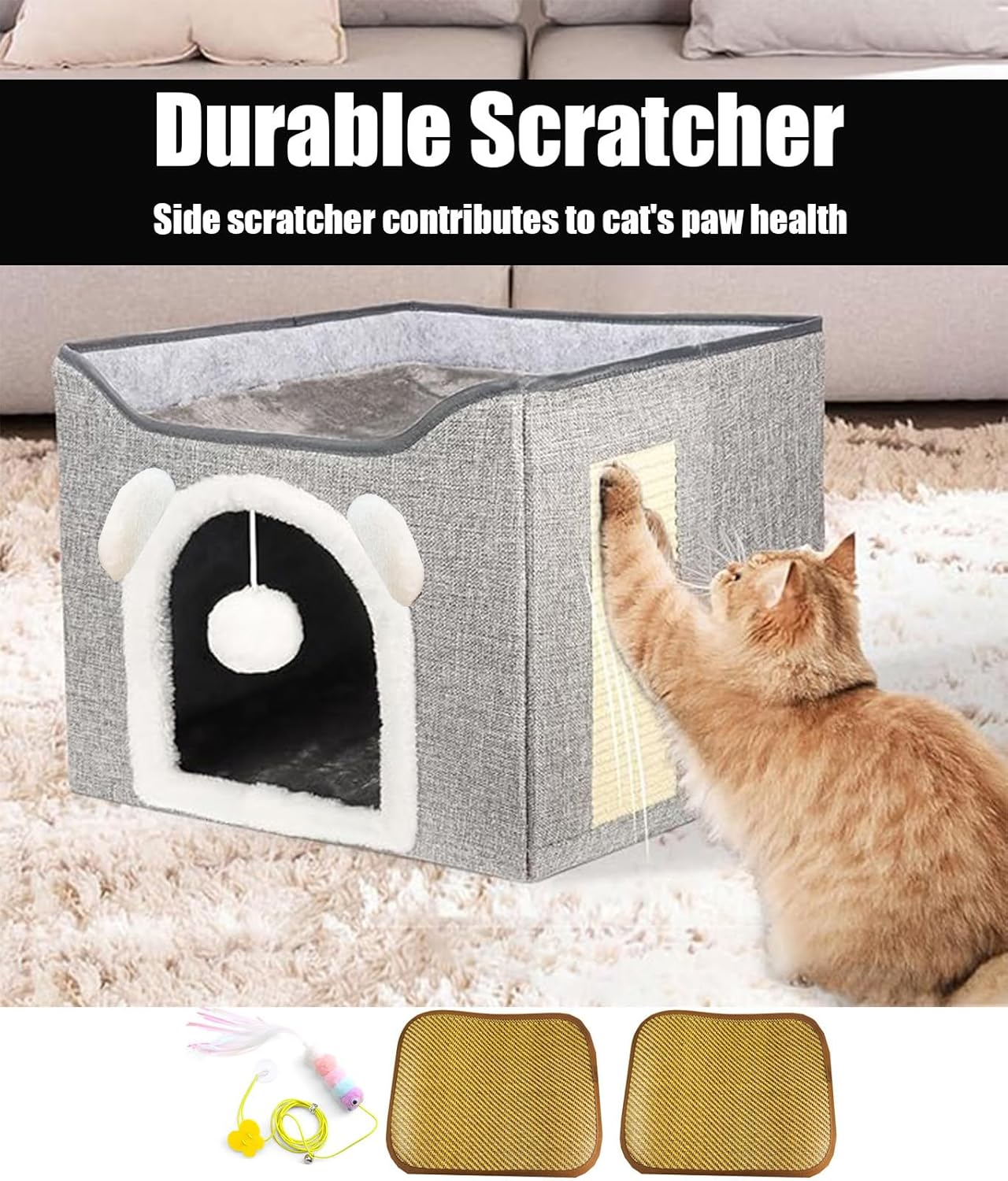 Cat Beds for Indoor Cats,Large Cat Bed for Indoor Cats with Fluffy Ball Hanging and Scratch Pad, Foldable Cute Pet Condos, Pet Cubes, Pet Hideaway with Rattan Mat, 2 - Level image number 2